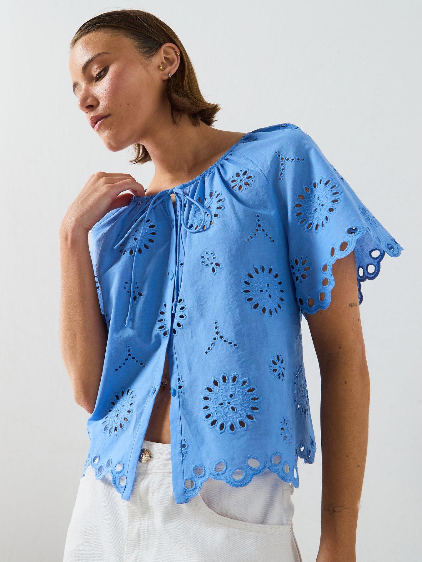 Mango 100% Cotton Blouse With Broderie Anglaise Embroidery - Blue
