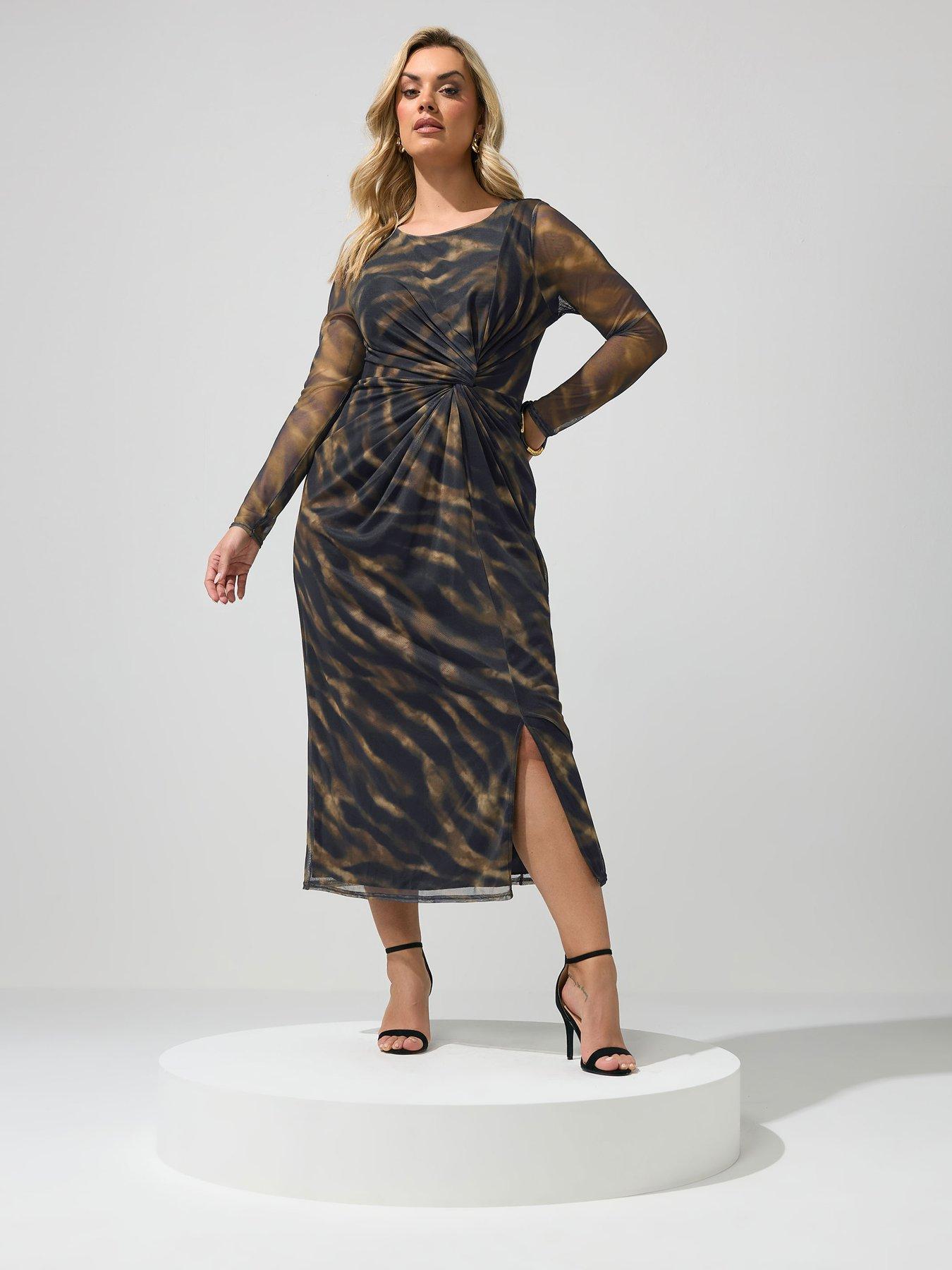 Yours Curve Zebra Side Knot Dress - Brown