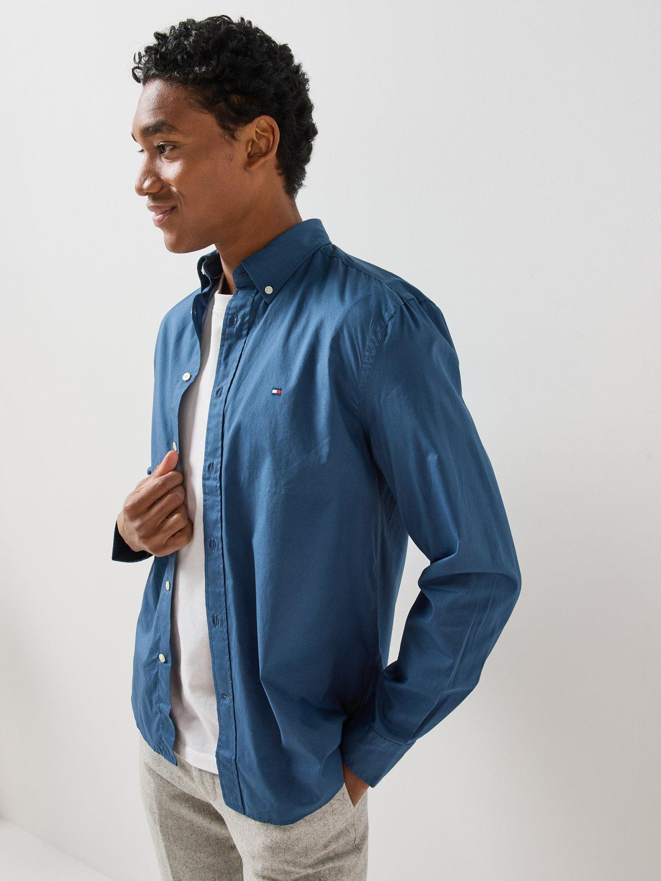 Tommy Hilfiger Mens Flex Poplin Solid Regular Fit Shirt, Blue, Size Xl, Men