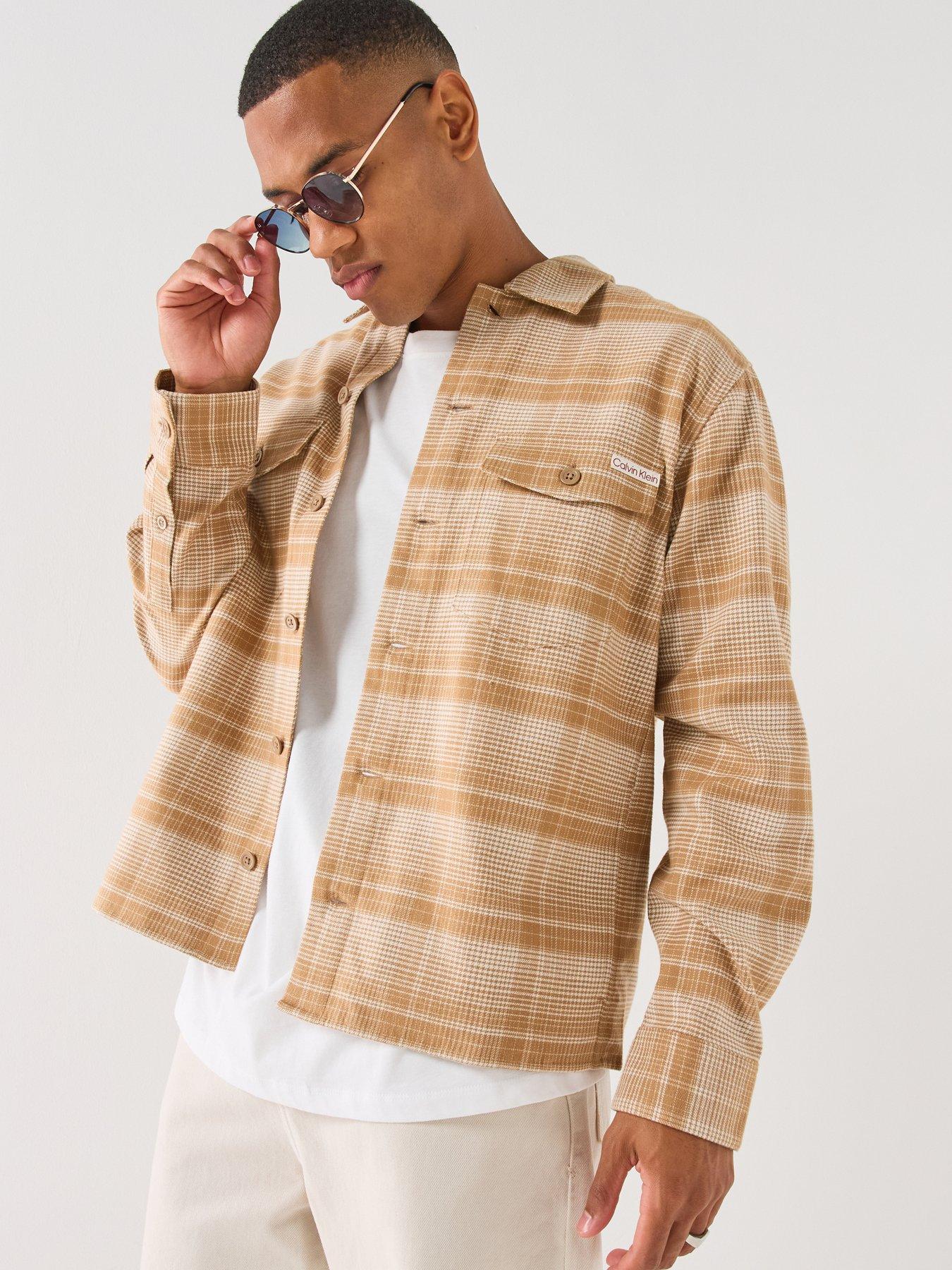 Image 1 of 6 of Calvin Klein Jeans Mens Checked Button-Through Cotton Overshirt - Beige