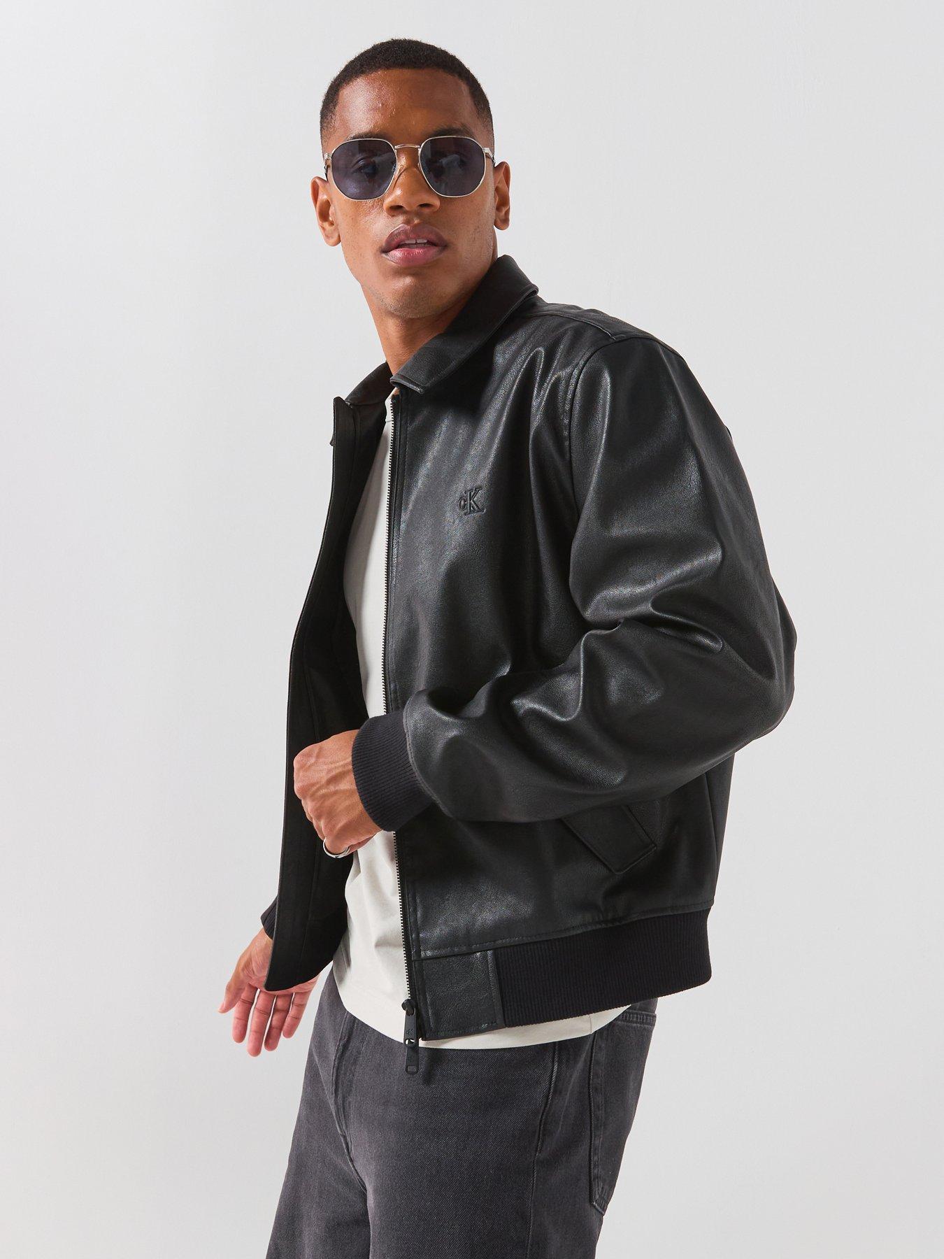Image 1 of 6 of Calvin Klein Jeans Mens Faux Leather Zip-Through Ribbed Bomber Jacket - Black