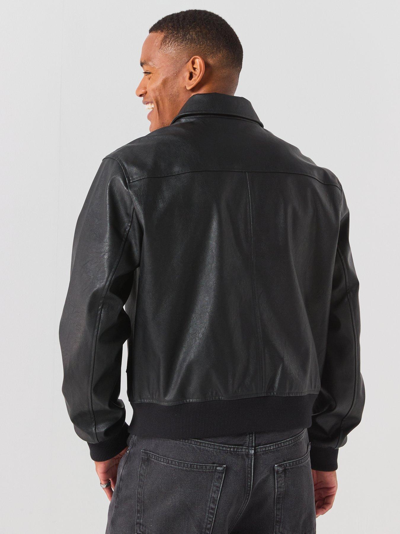 Image 2 of 6 of Calvin Klein Jeans Mens Faux Leather Zip-Through Ribbed Bomber Jacket - Black