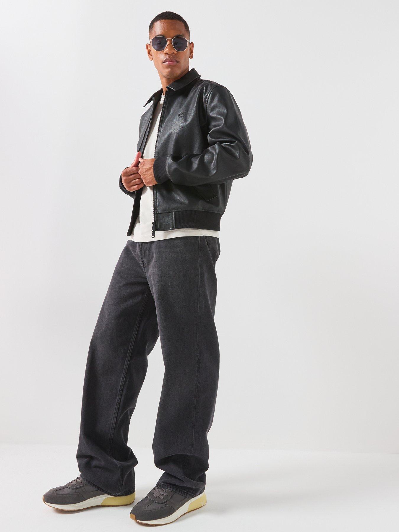 Image 3 of 6 of Calvin Klein Jeans Mens Faux Leather Zip-Through Ribbed Bomber Jacket - Black