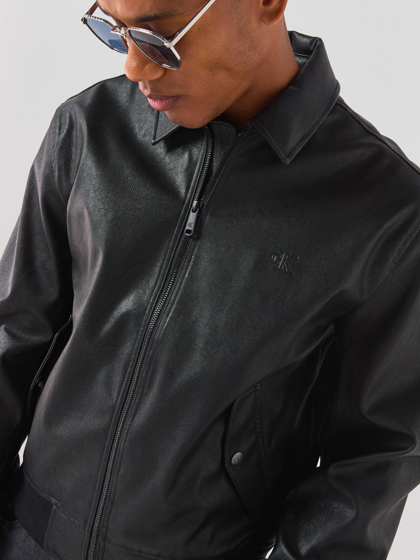 Image 4 of 6 of Calvin Klein Jeans Mens Faux Leather Zip-Through Ribbed Bomber Jacket - Black