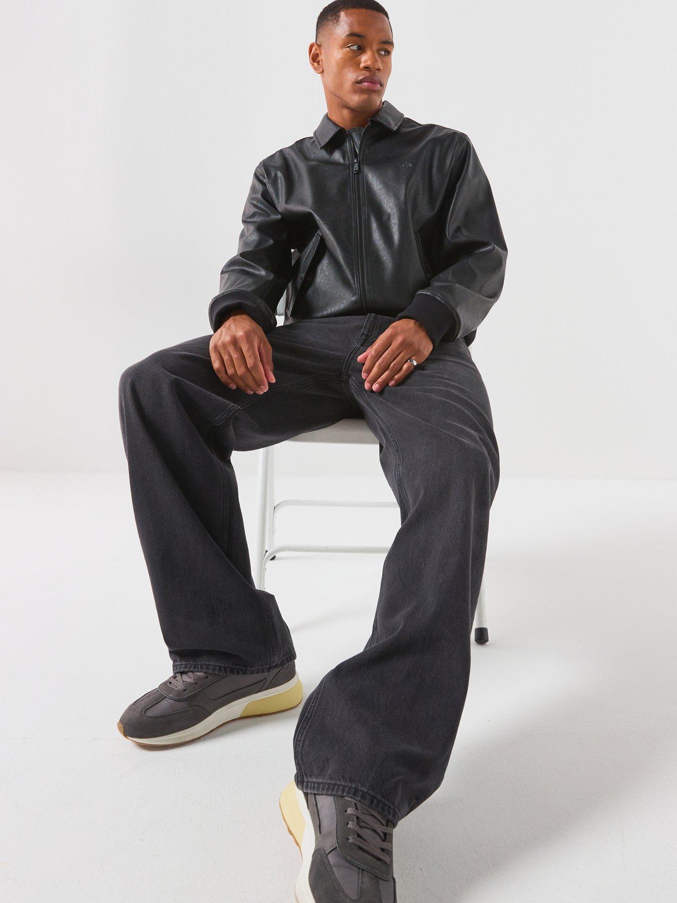 Image 6 of 6 of Calvin Klein Jeans Mens Faux Leather Zip-Through Ribbed Bomber Jacket - Black