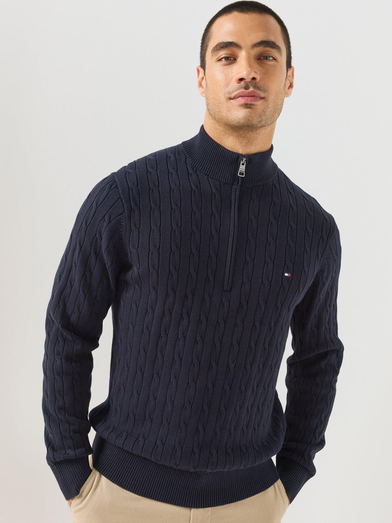 Tommy Hilfiger Classic Cotton Cable Zip Neck Knitted Jumper, Navy, Size Xl, Men