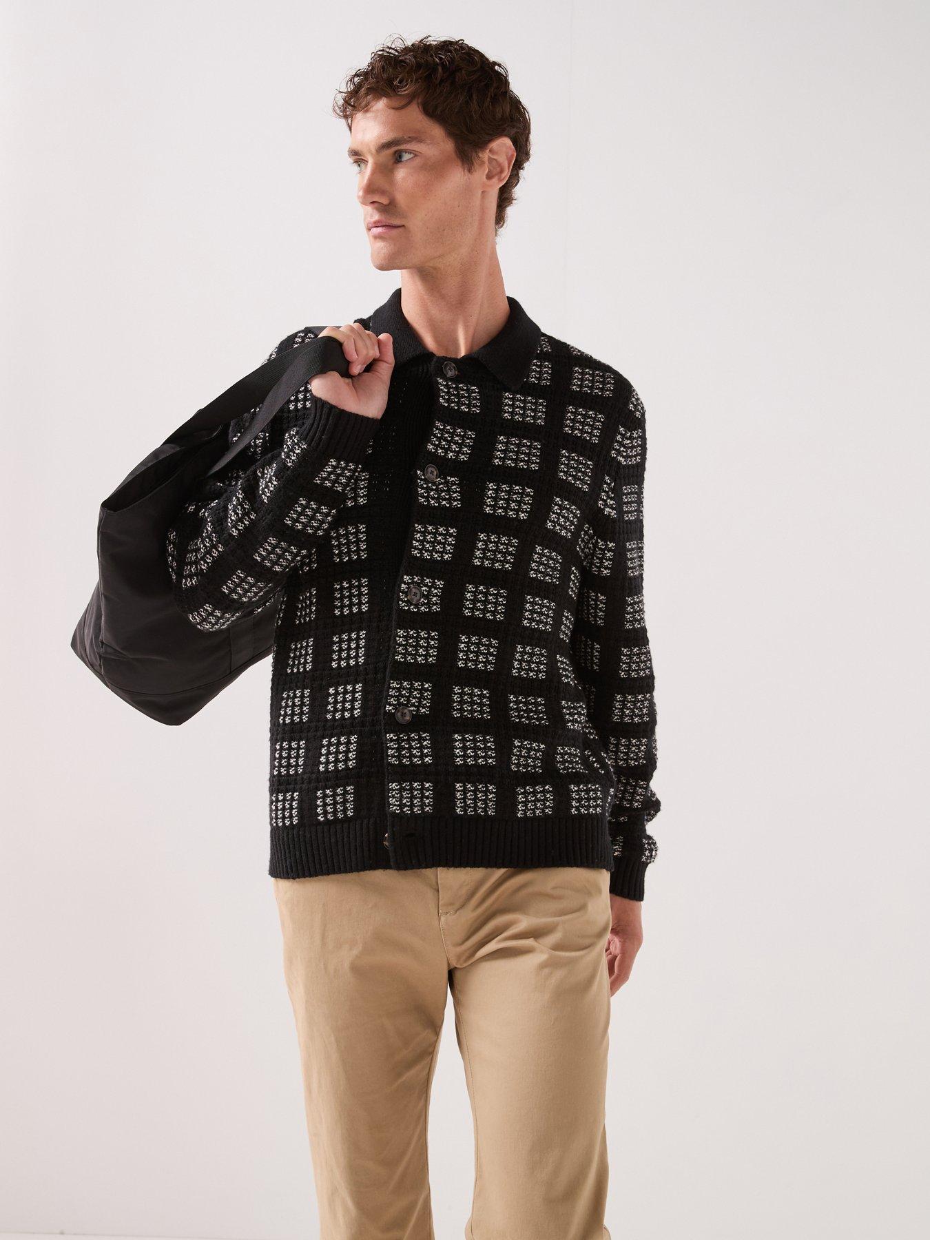 Image 1 of 6 of Tommy Hilfiger Mens Button-Up Textured Check Knitted Cardigan - Black