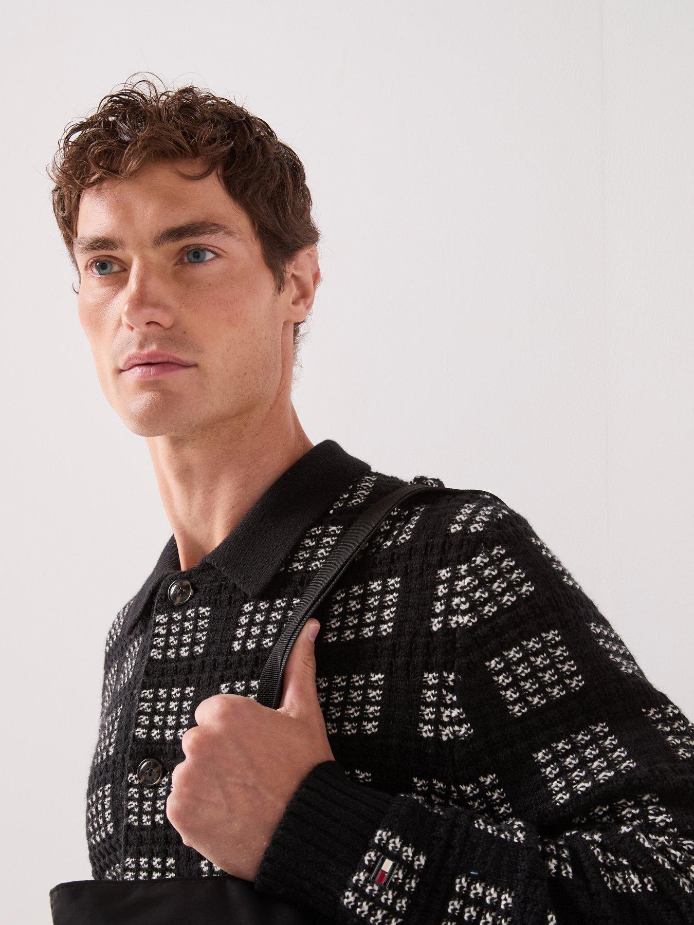 Image 4 of 6 of Tommy Hilfiger Mens Button-Up Textured Check Knitted Cardigan - Black