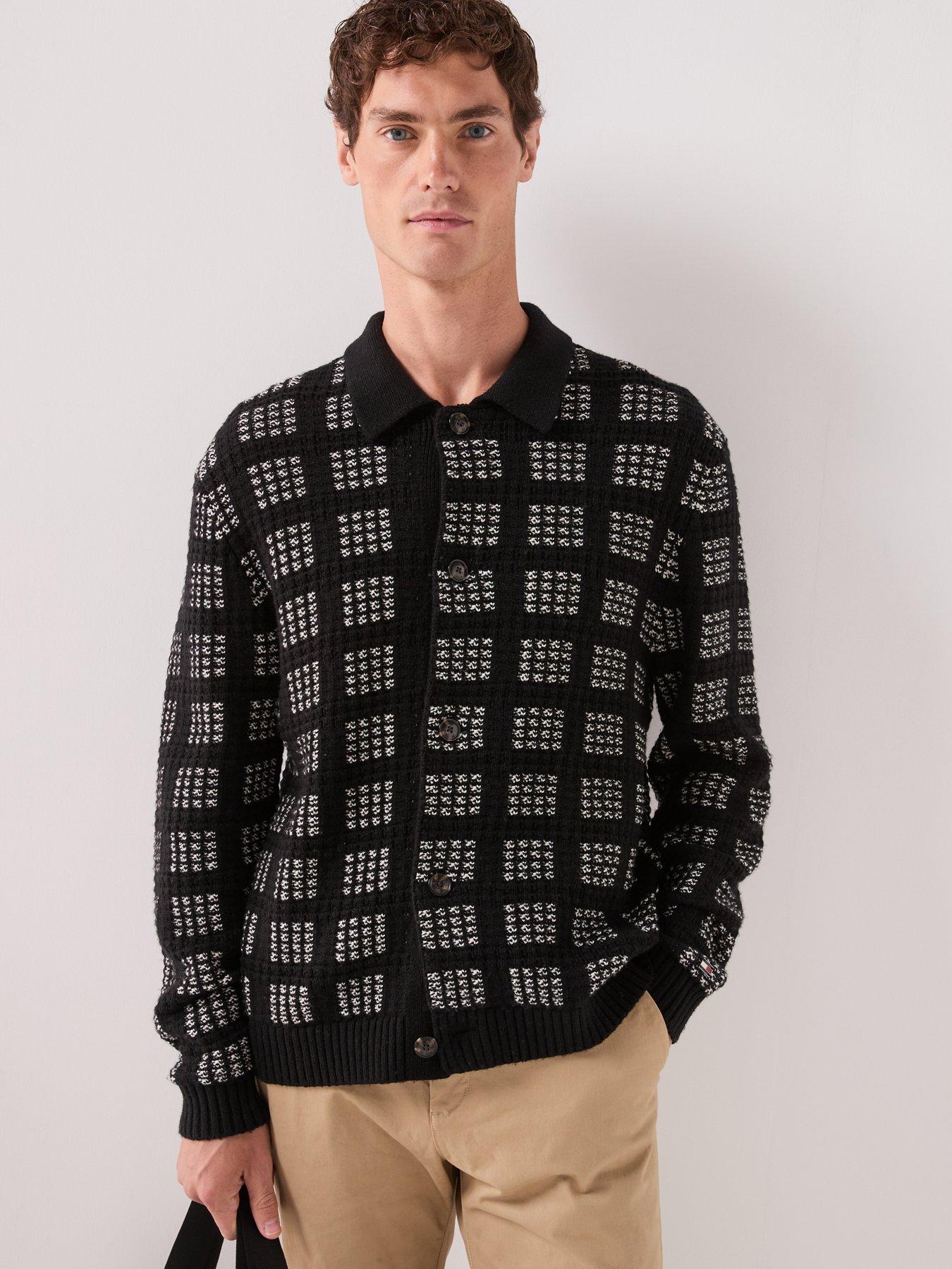 Image 6 of 6 of Tommy Hilfiger Mens Button-Up Textured Check Knitted Cardigan - Black