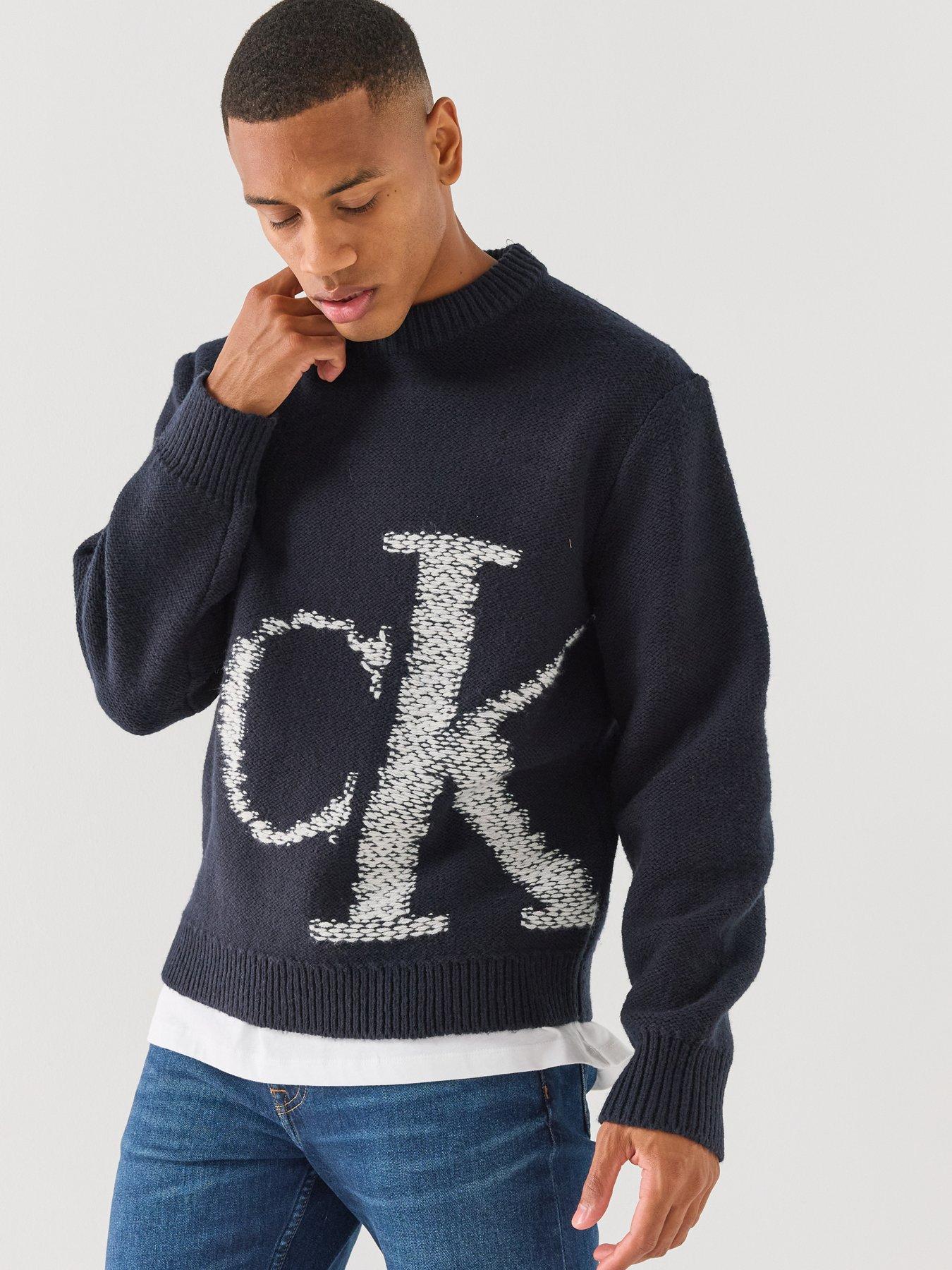 Calvin Klein Jeans Mens Monogram Crew Neck Knitted Jumper, Black, Size M, Men