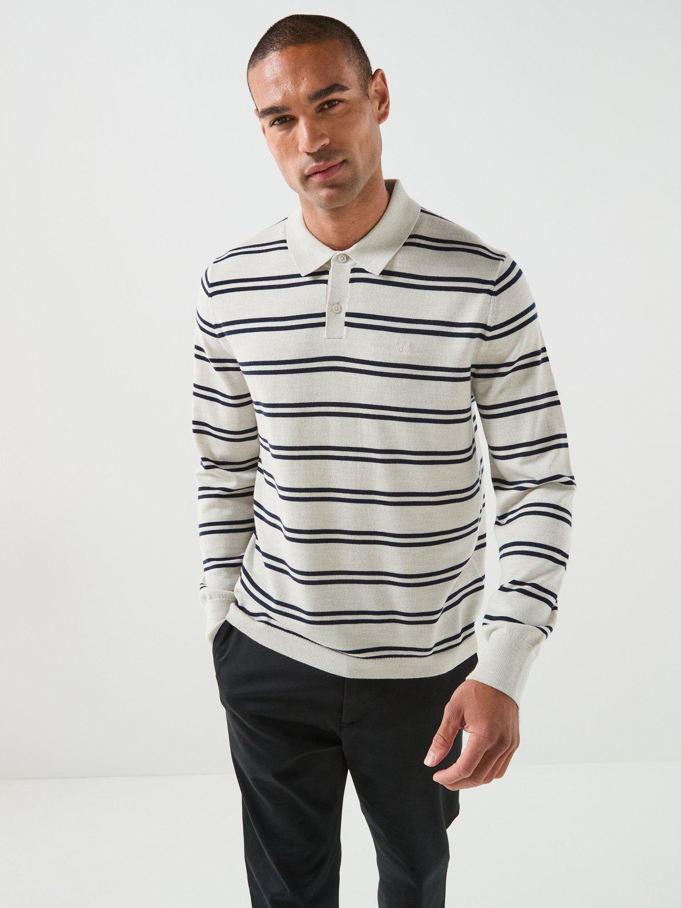 Calvin Klein Long Sleeve Stripe Merino Polo Shirt - Blue