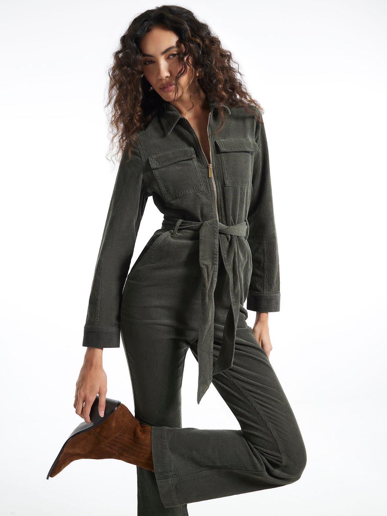 Image 3 of 5 of River Island Womens Lulu Belted Zip Front Jumpsuit - Green