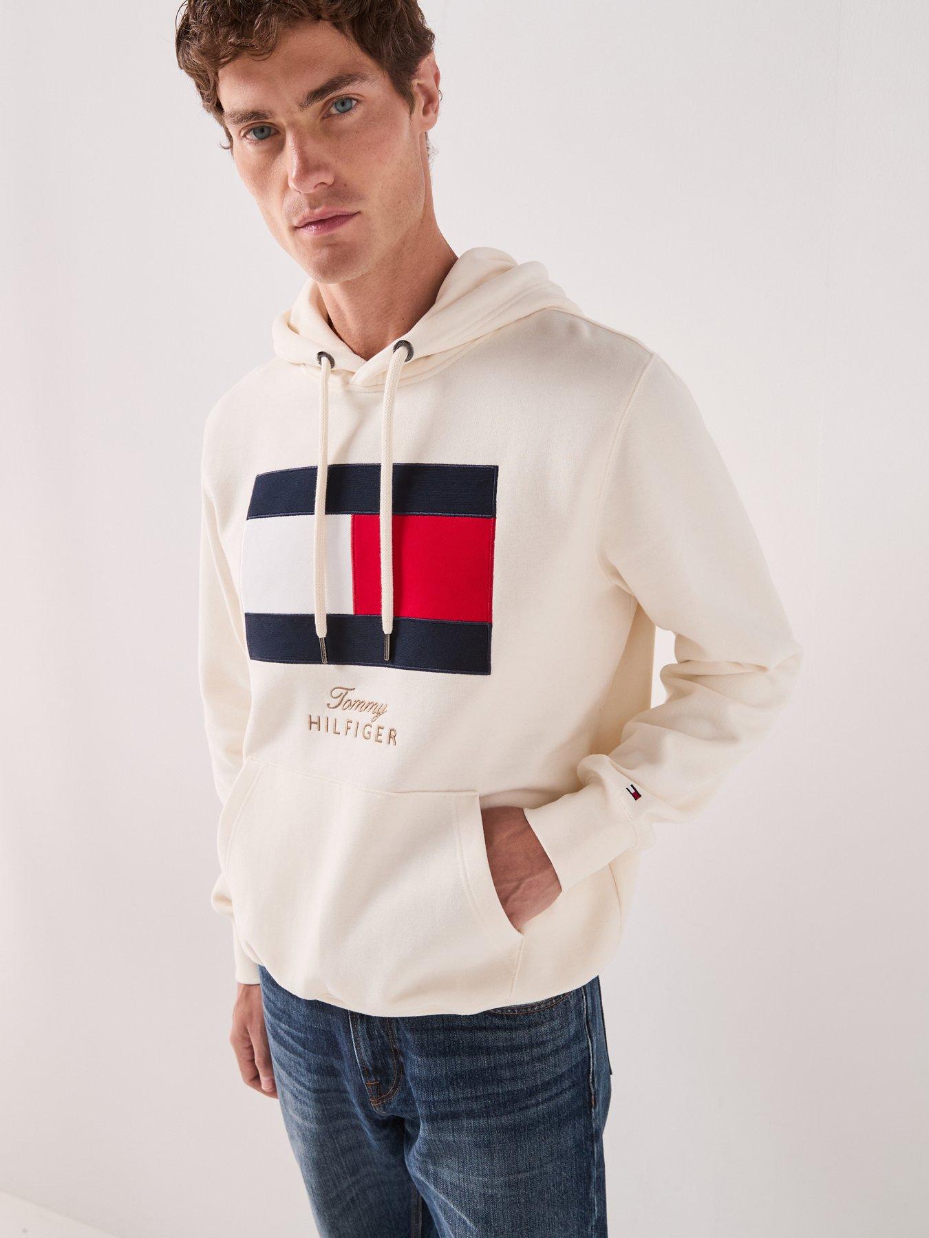 Tommy Hilfiger Mens Gifting Flag Logo Fleece Hoodie, Cream, Size S, Men