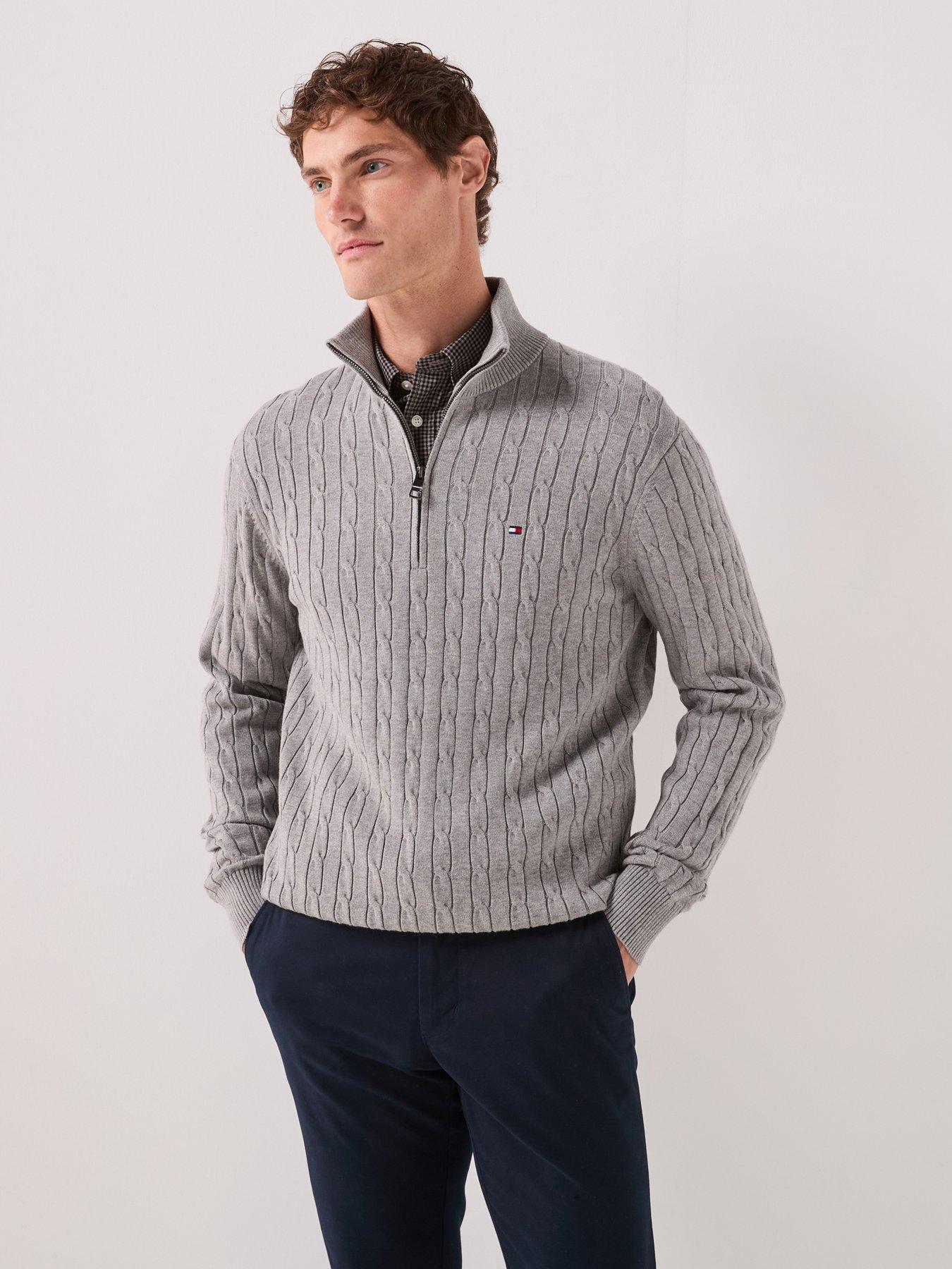 Tommy Hilfiger Men's Cotton 1/4-Zip Mock-Neck Cable Knit Jumper - Grey - L - Image 5