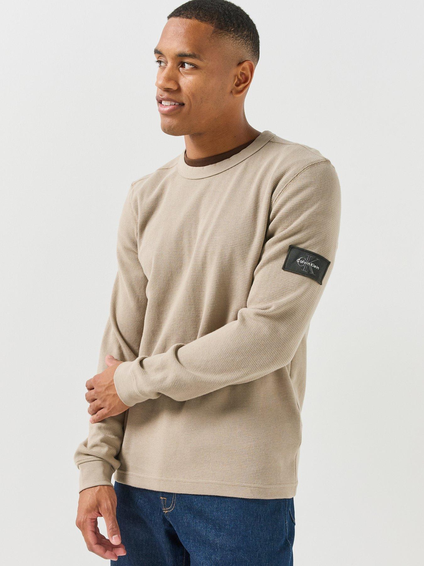 Image 1 of 5 of Calvin Klein Jeans Mens Waffle Textured Long Sleeve Badge T-Shirt - Cream