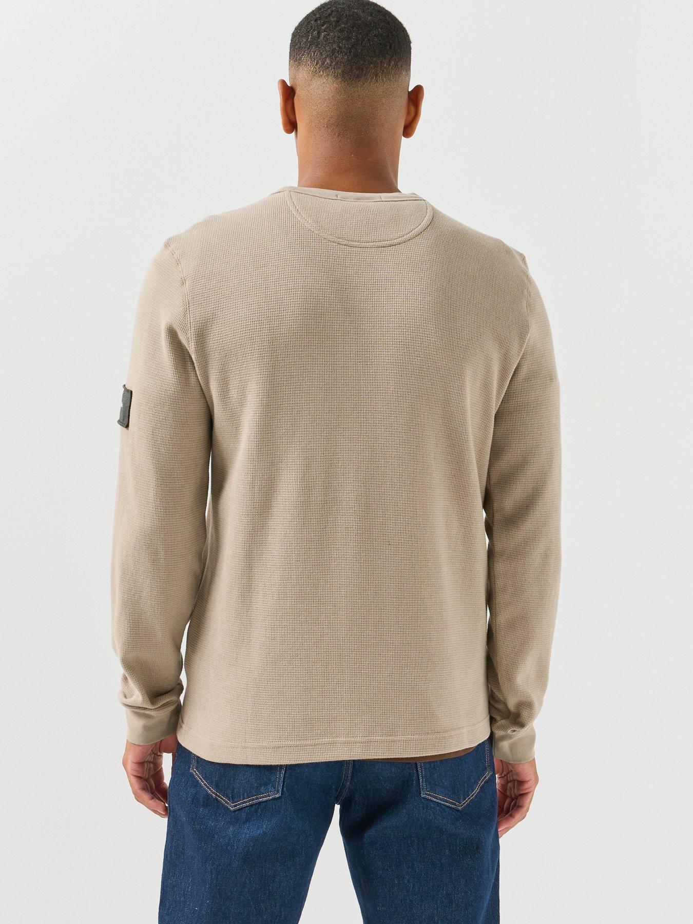 Image 2 of 5 of Calvin Klein Jeans Mens Waffle Textured Long Sleeve Badge T-Shirt - Cream