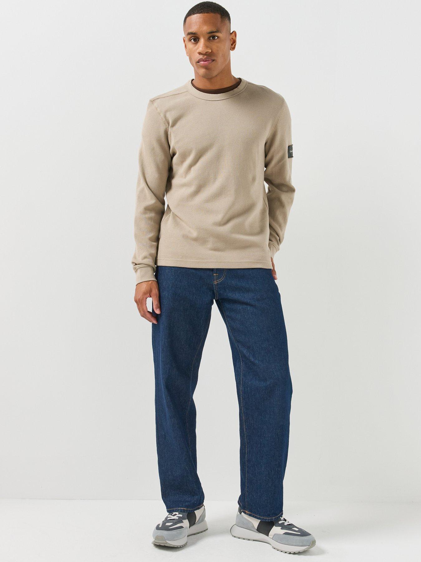 Image 3 of 5 of Calvin Klein Jeans Mens Waffle Textured Long Sleeve Badge T-Shirt - Cream