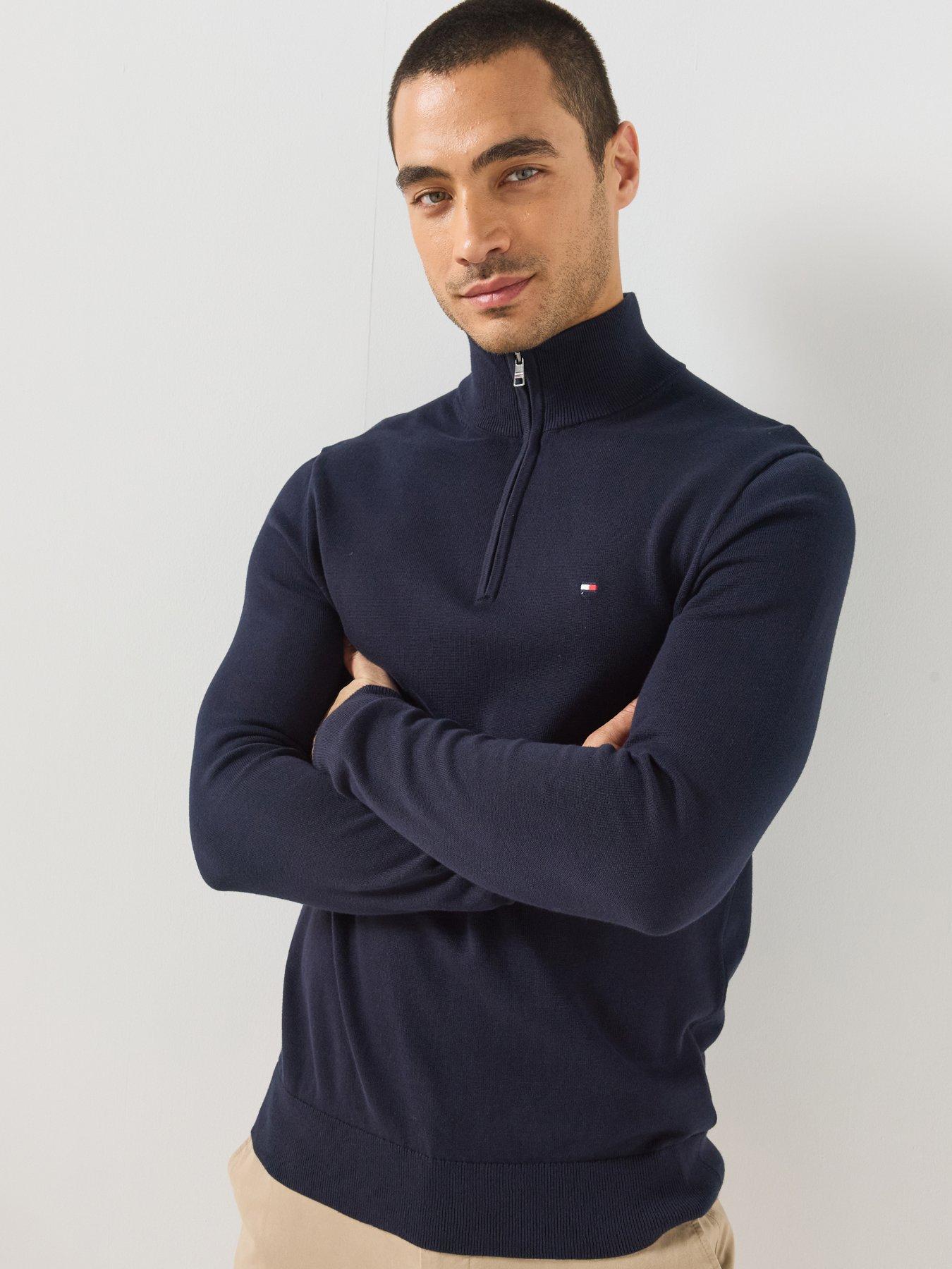 Tommy Hilfiger Essential Cotton Zip 1/4 Zip Knitted Jumper, Navy, Size M, Men