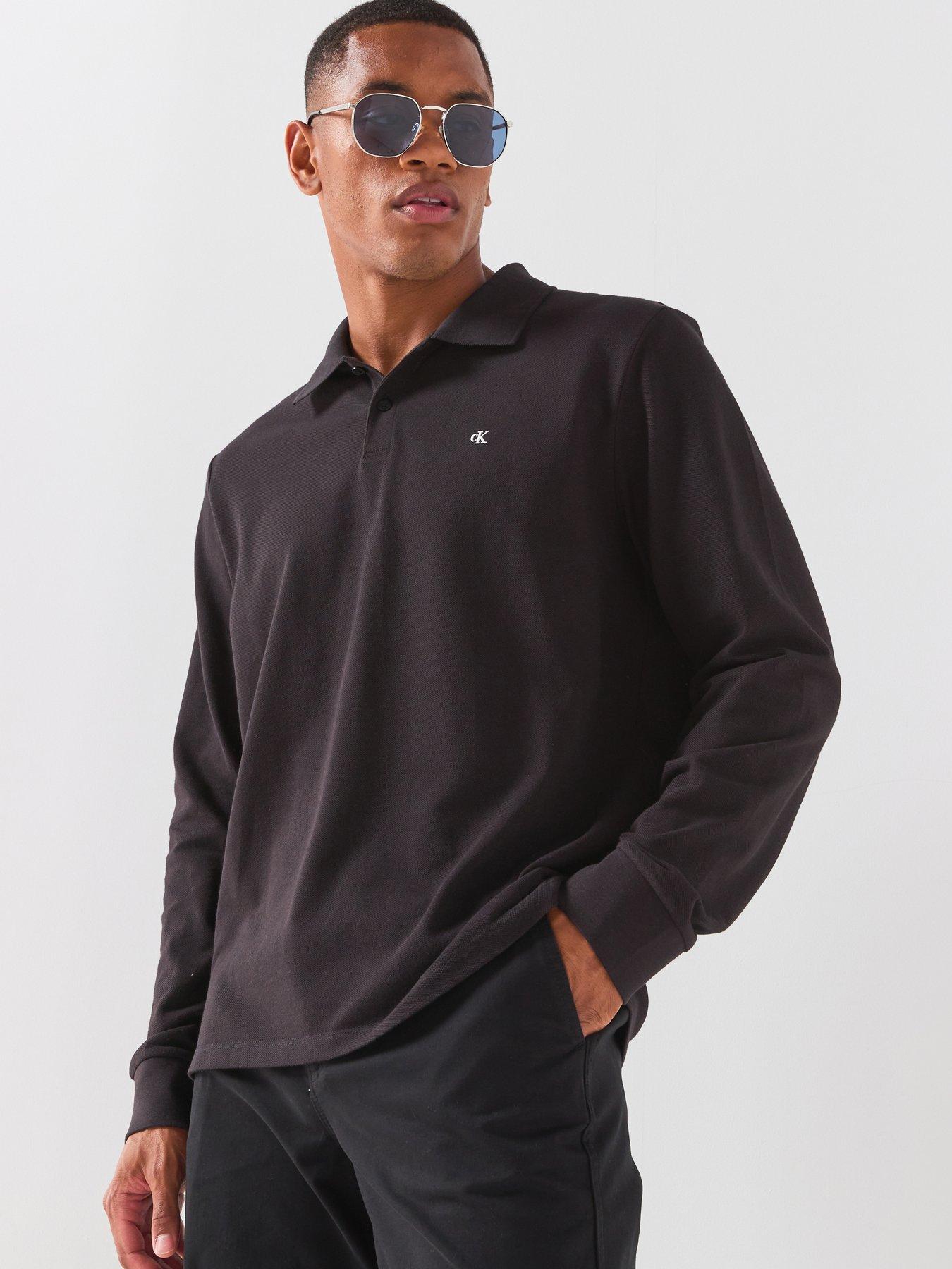 Image 1 of 6 of Calvin Klein Jeans Long Sleeve Casual Pique Polo Shirt - Black