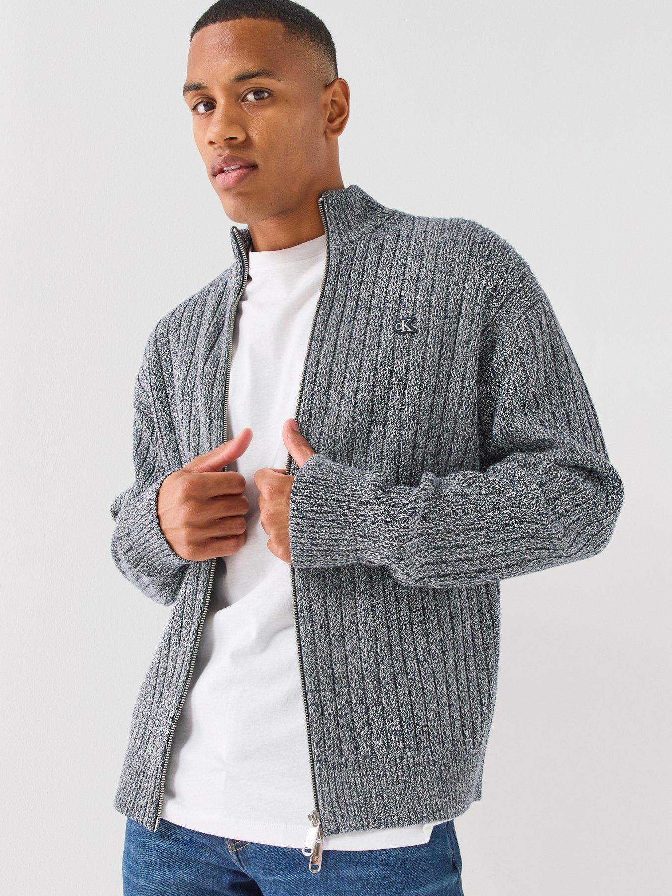 Image 1 of 5 of Calvin Klein Jeans Mens Textured Rib Knit Two-Way Zip Stand Collar Cardigan - Grey
