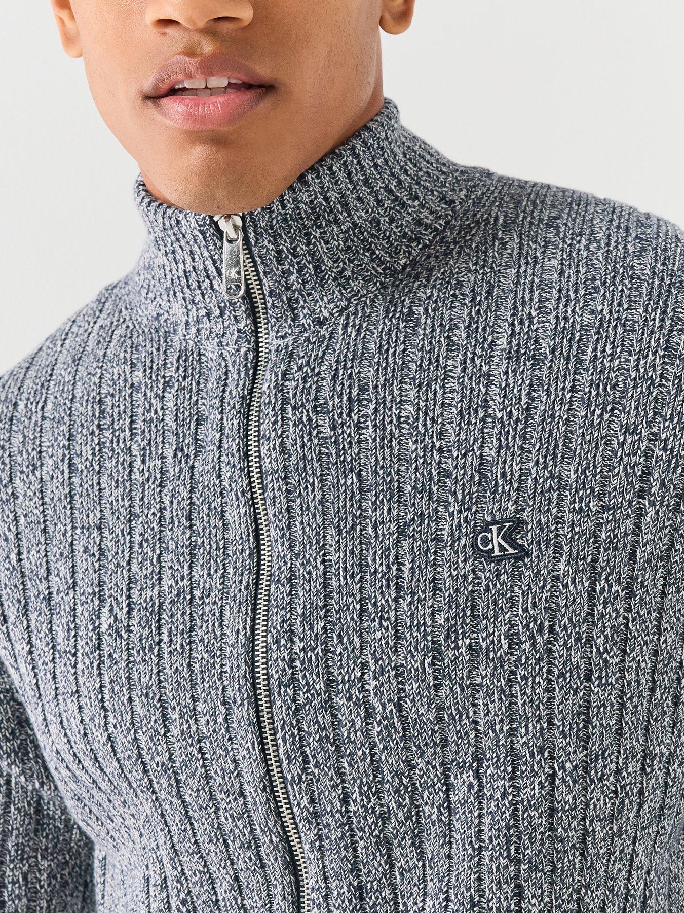 Image 5 of 5 of Calvin Klein Jeans Mens Textured Rib Knit Two-Way Zip Stand Collar Cardigan - Grey