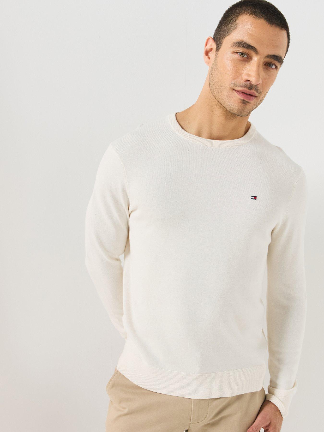 Tommy Hilfiger Essential Ssnl Cotton Crew Neck Knitted Jumper, White, Size S, Men