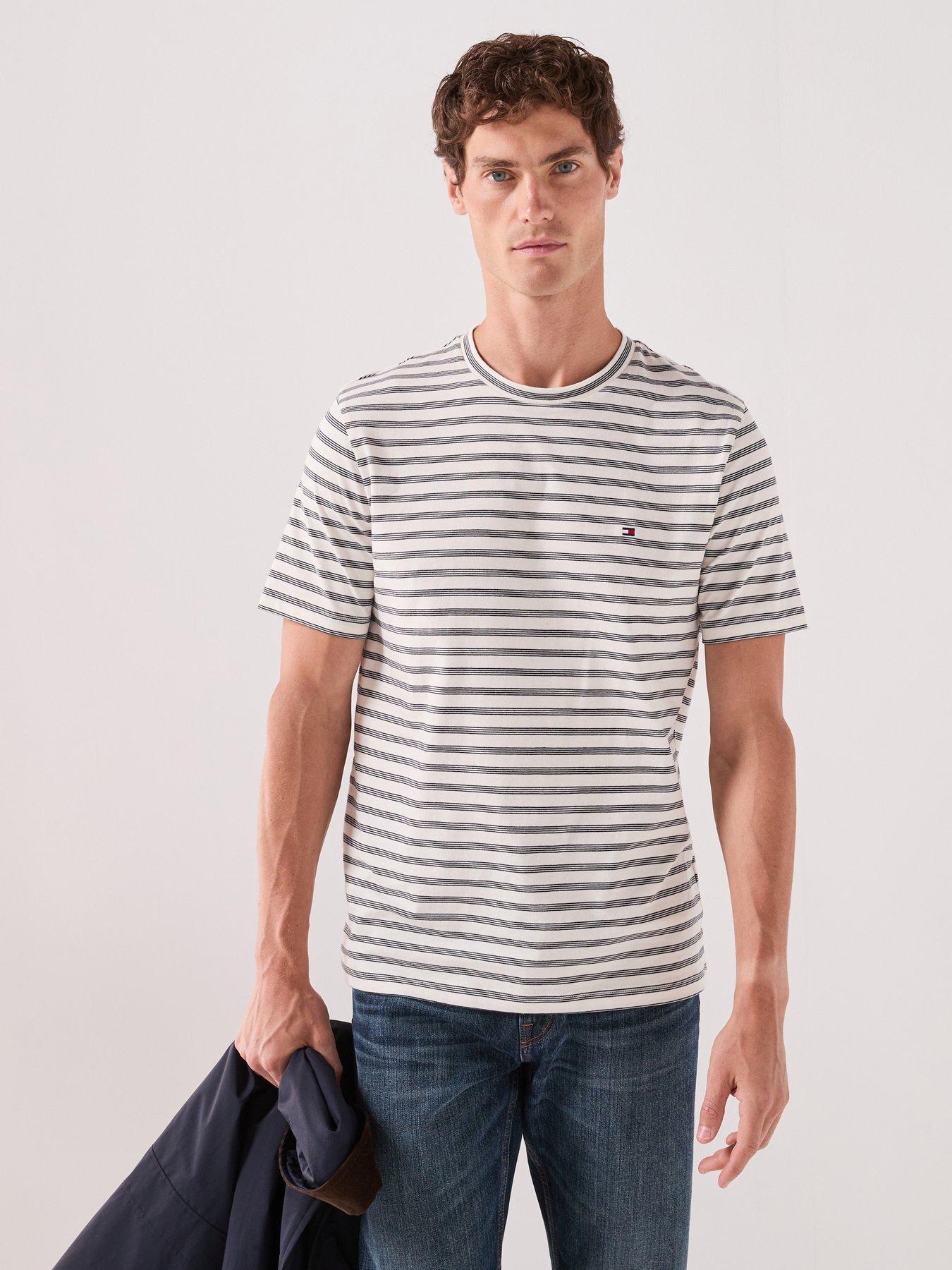 Tommy Hilfiger Regular Fit Essenital Flag Logo Striped T-shirt, Ecru/Navy Blue, Size M, Men