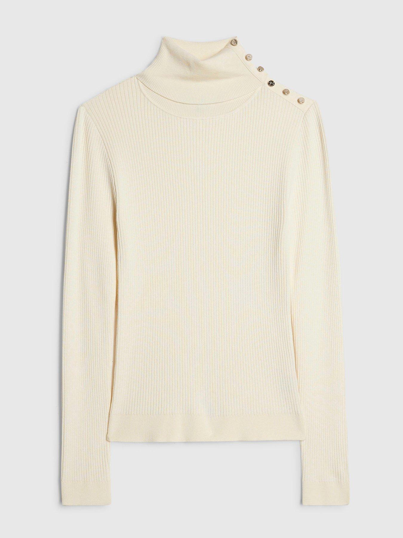 Image 5 of 6 of River Island Womens Ribbed Button Shoulder Roll Neck Top - Cream
