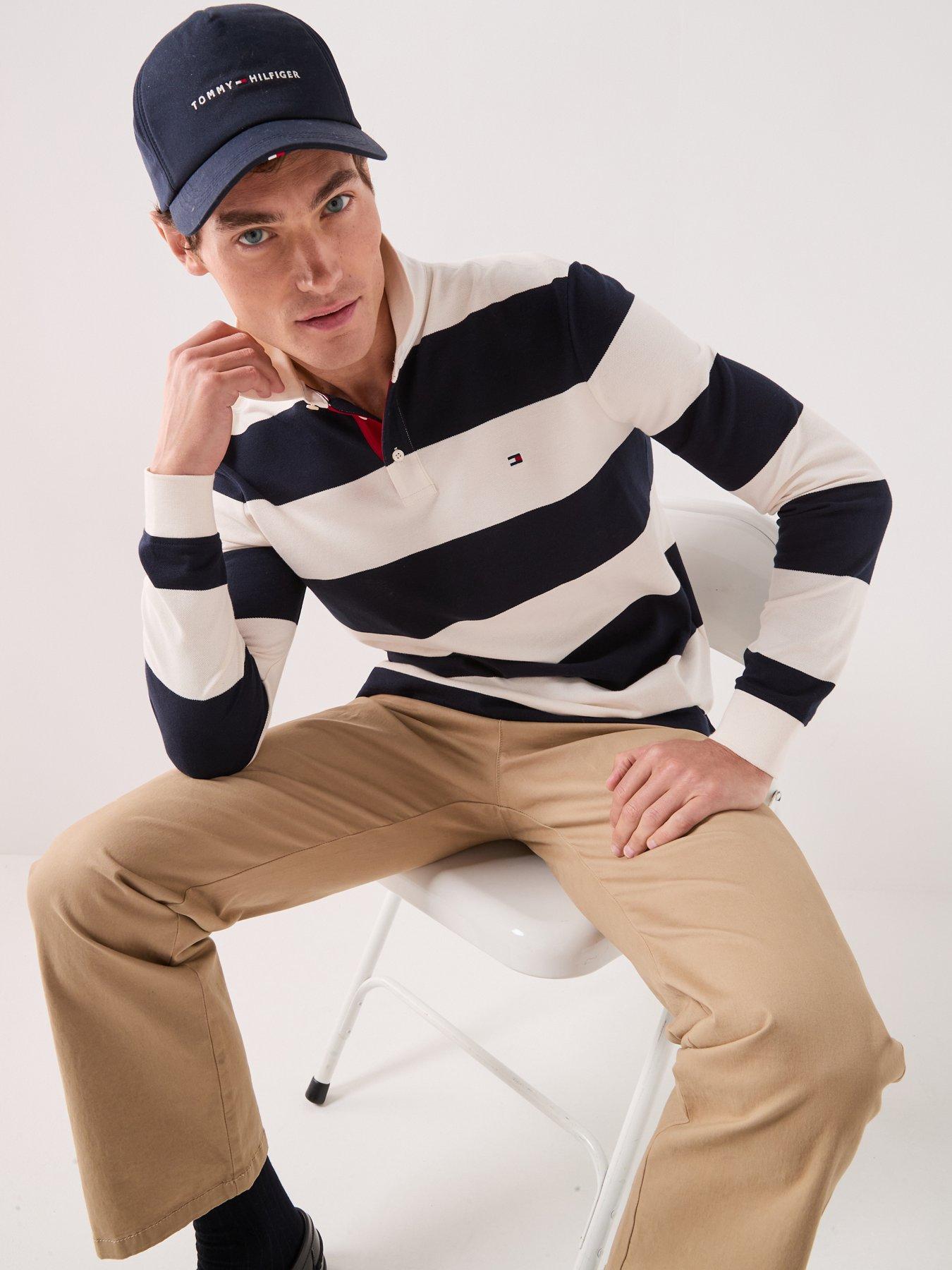 Tommy Hilfiger Men's Long Sleeve Striped Rugby Polo Shirt, Ivory Petal/Navy Blue, Size M, Men