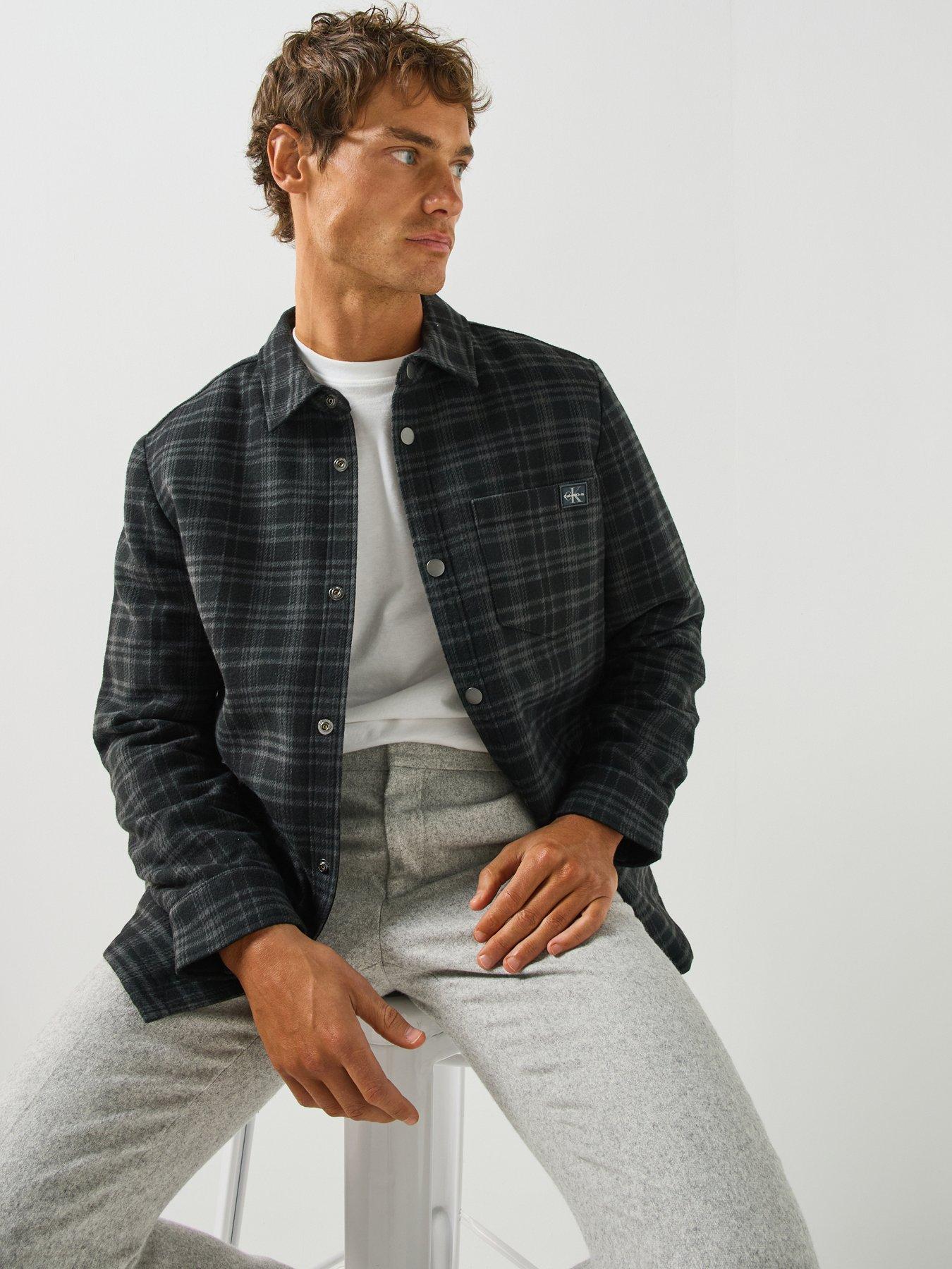 Image 1 of 6 of Calvin Klein Mens Checked&nbsp;Wool Blend Popper Jacket - Black
