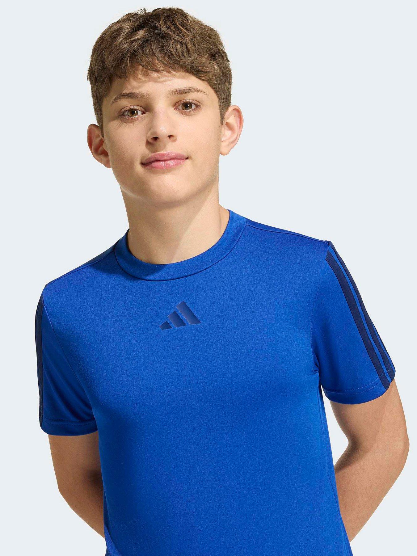 Image 4 of 5 of adidas Junior Training Essentials 3 Stripe T-shirt - Blue