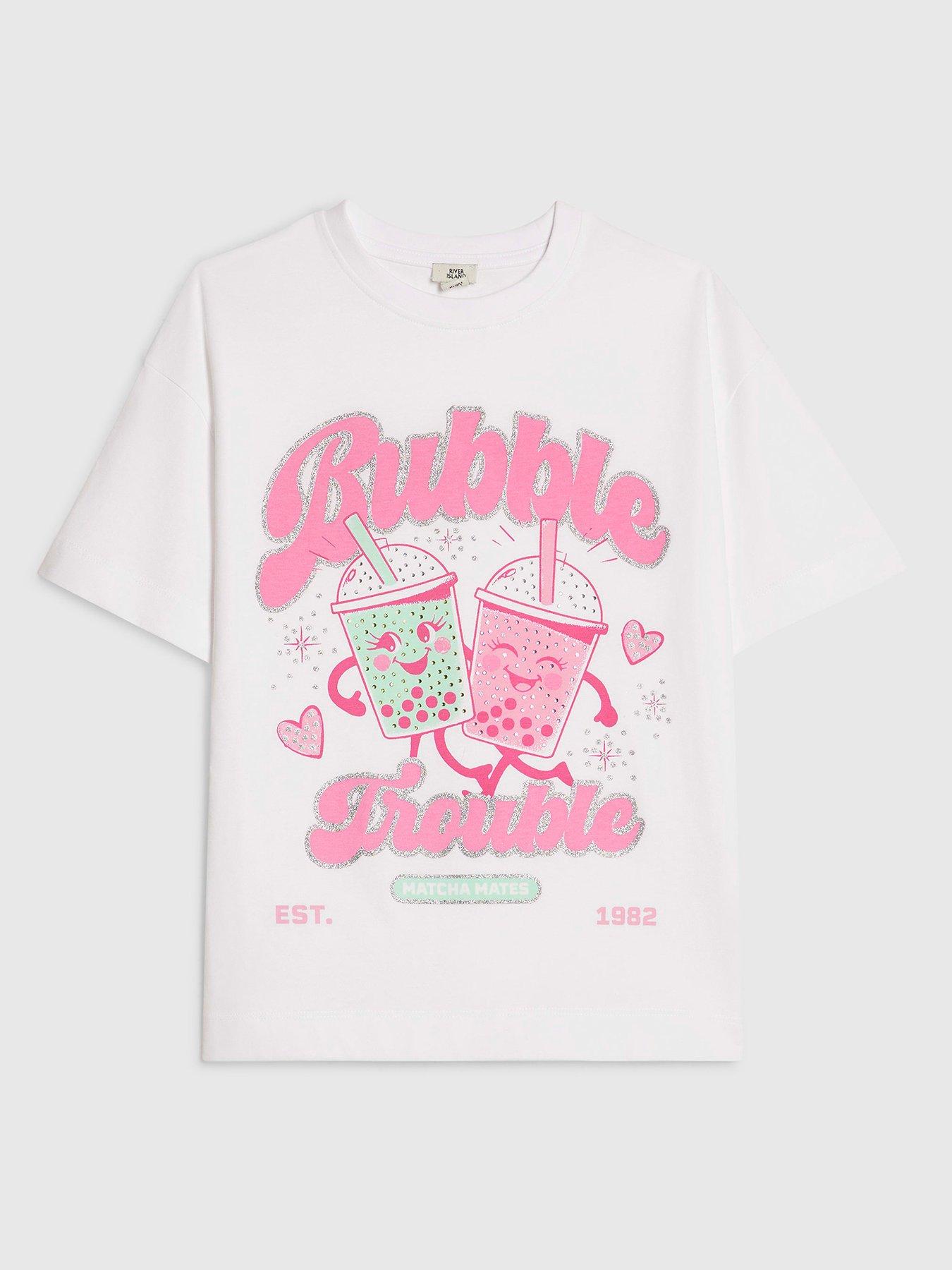 River Island Older Girls Bubble Trouble Graphic Print T-Shirt - White