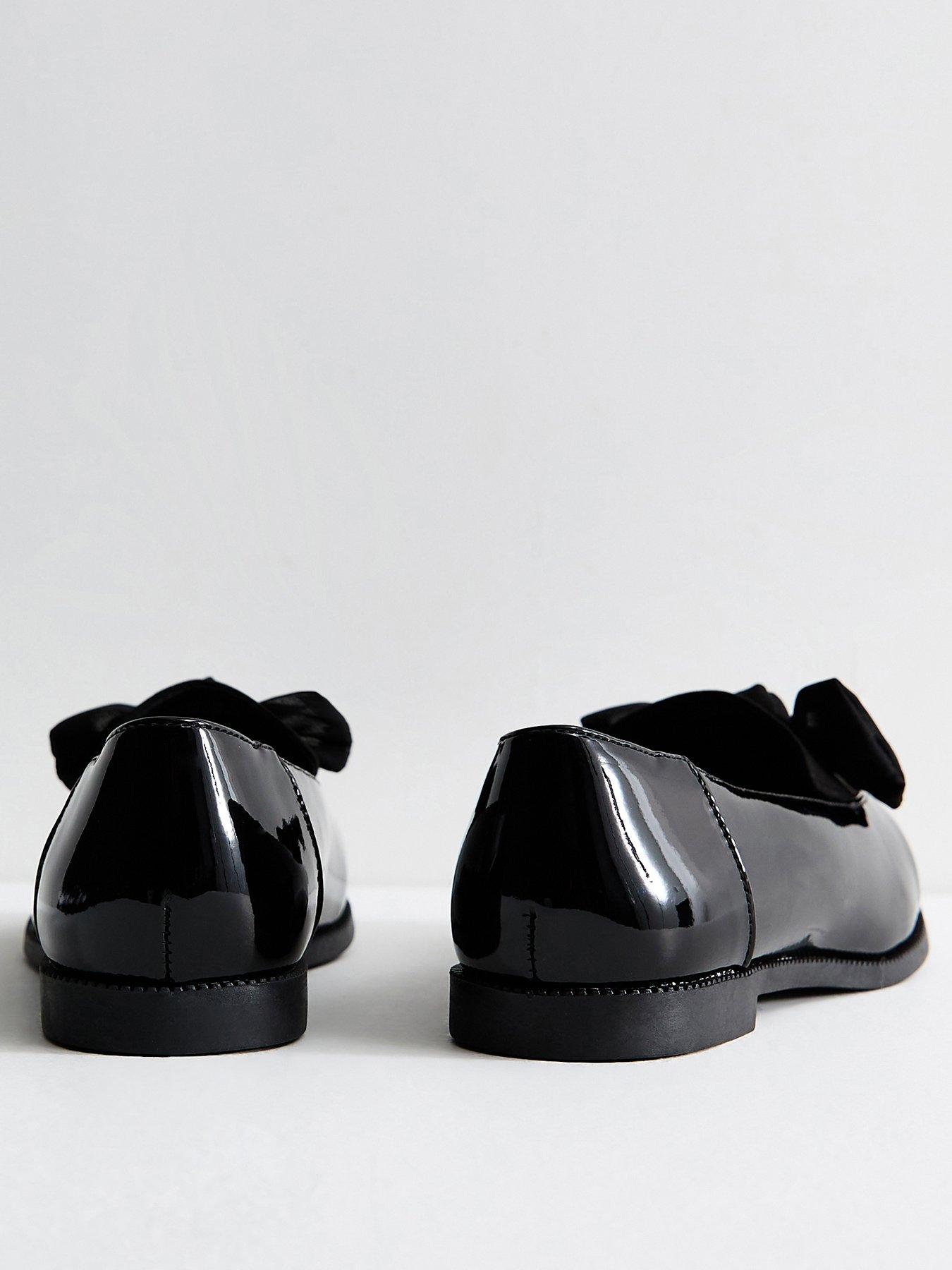 Image 2 of 4 of New Look Extra Wide Fit Patent Faux Leather Bow Front School Shoe&nbsp;Loafers - Black