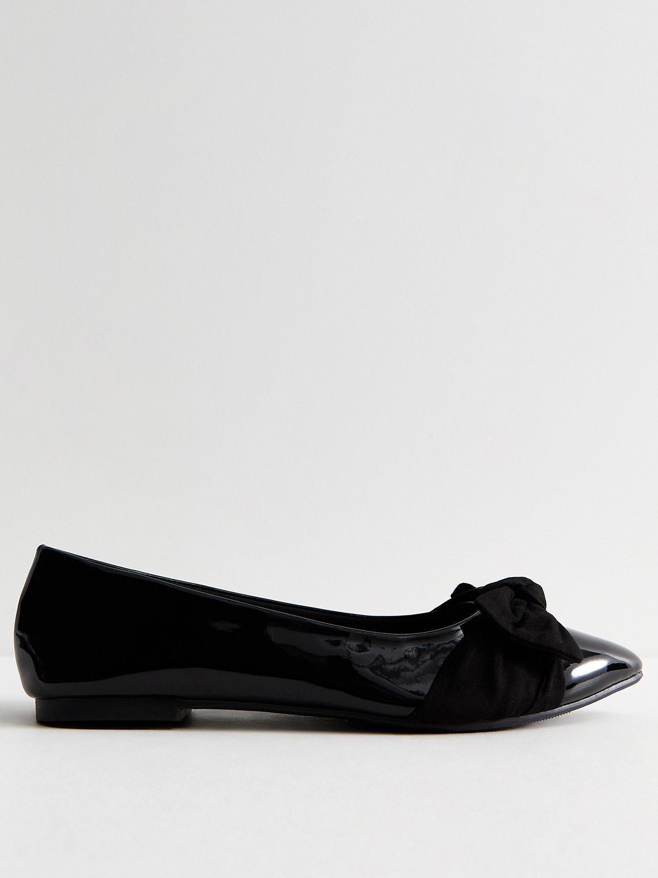 Image 2 of 5 of New Look Wide Fit Faux Leather Bow Ballet School Shoe&nbsp;Flats - Black