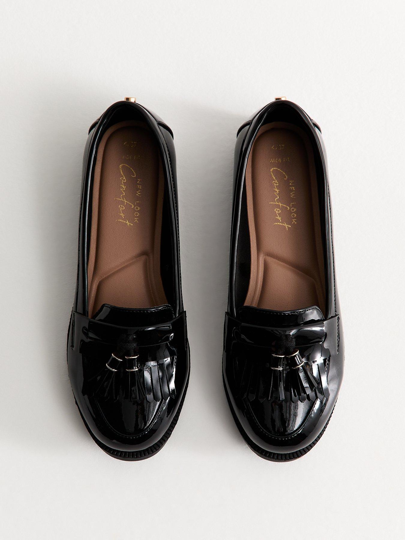 New Look Wide Fit Faux Patent Leather School Shoe Loafers - Black