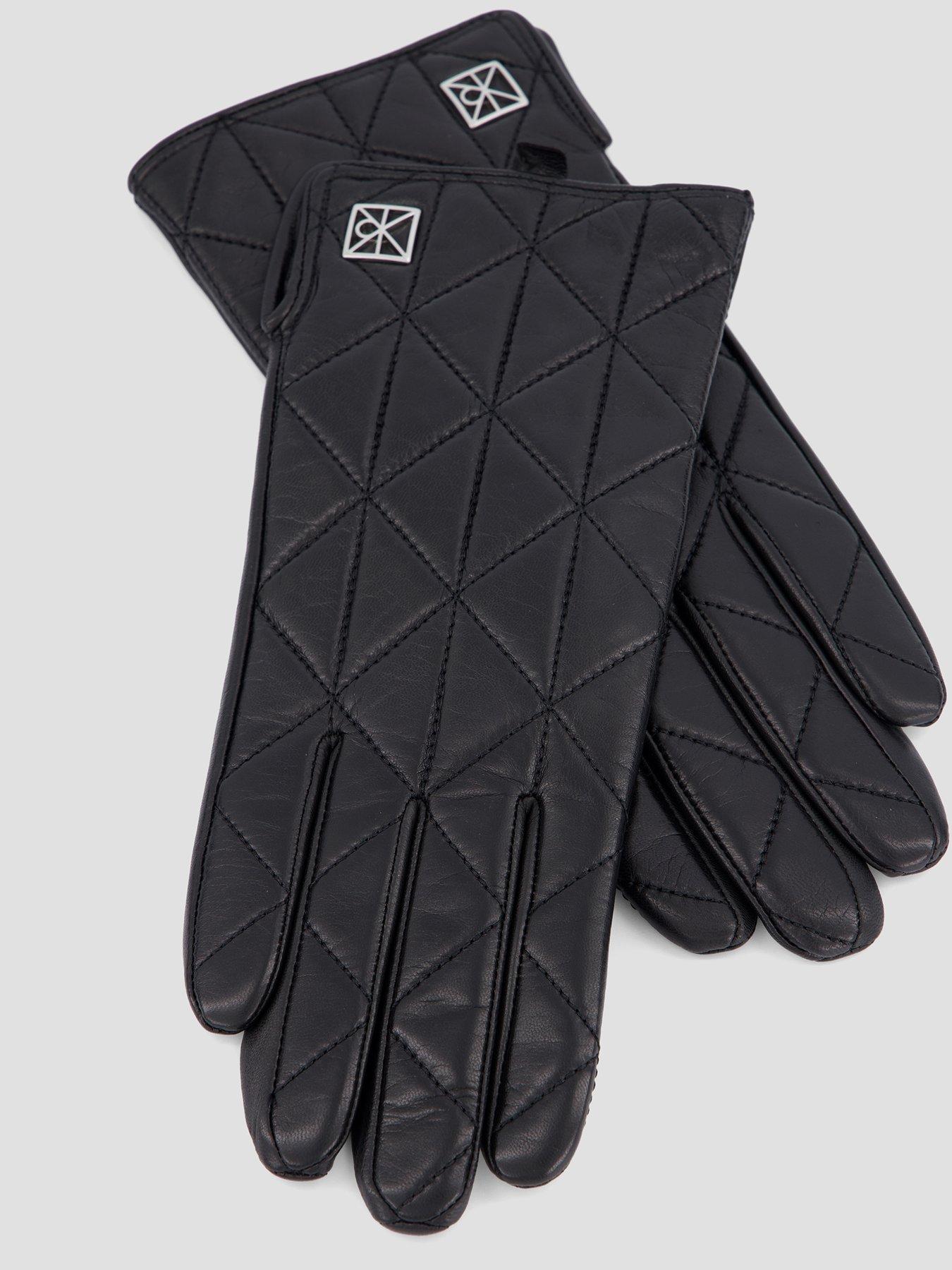 Image 4 of 4 of Calvin Klein Quilted Leather Emblem Plaque Gloves - Black