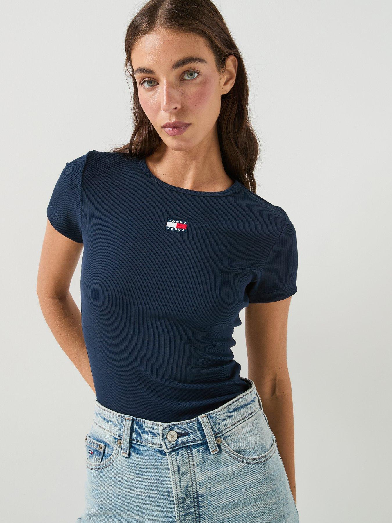 Image 1 of 6 of Tommy Jeans Women's Slim Fit Ribbed T-Shirt with Logo Badge - Navy