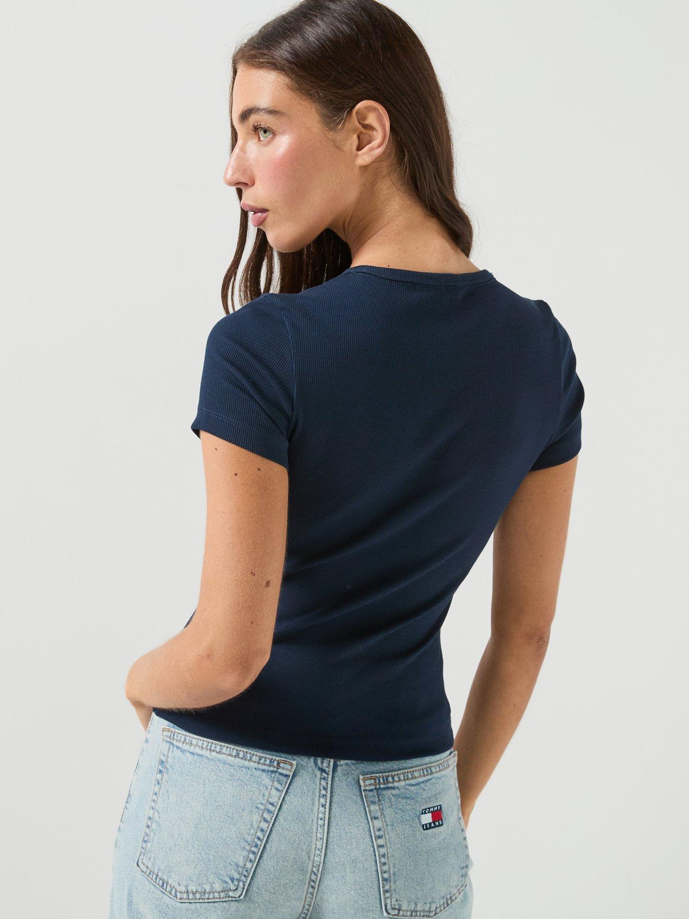 Image 2 of 6 of Tommy Jeans Women's Slim Fit Ribbed T-Shirt with Logo Badge - Navy