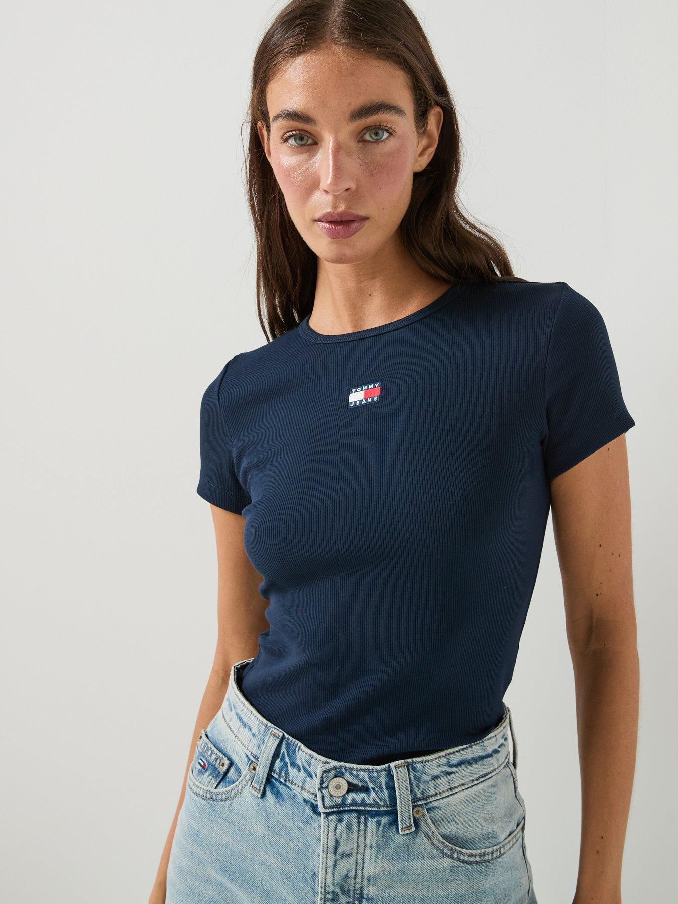 Image 4 of 6 of Tommy Jeans Women's Slim Fit Ribbed T-Shirt with Logo Badge - Navy