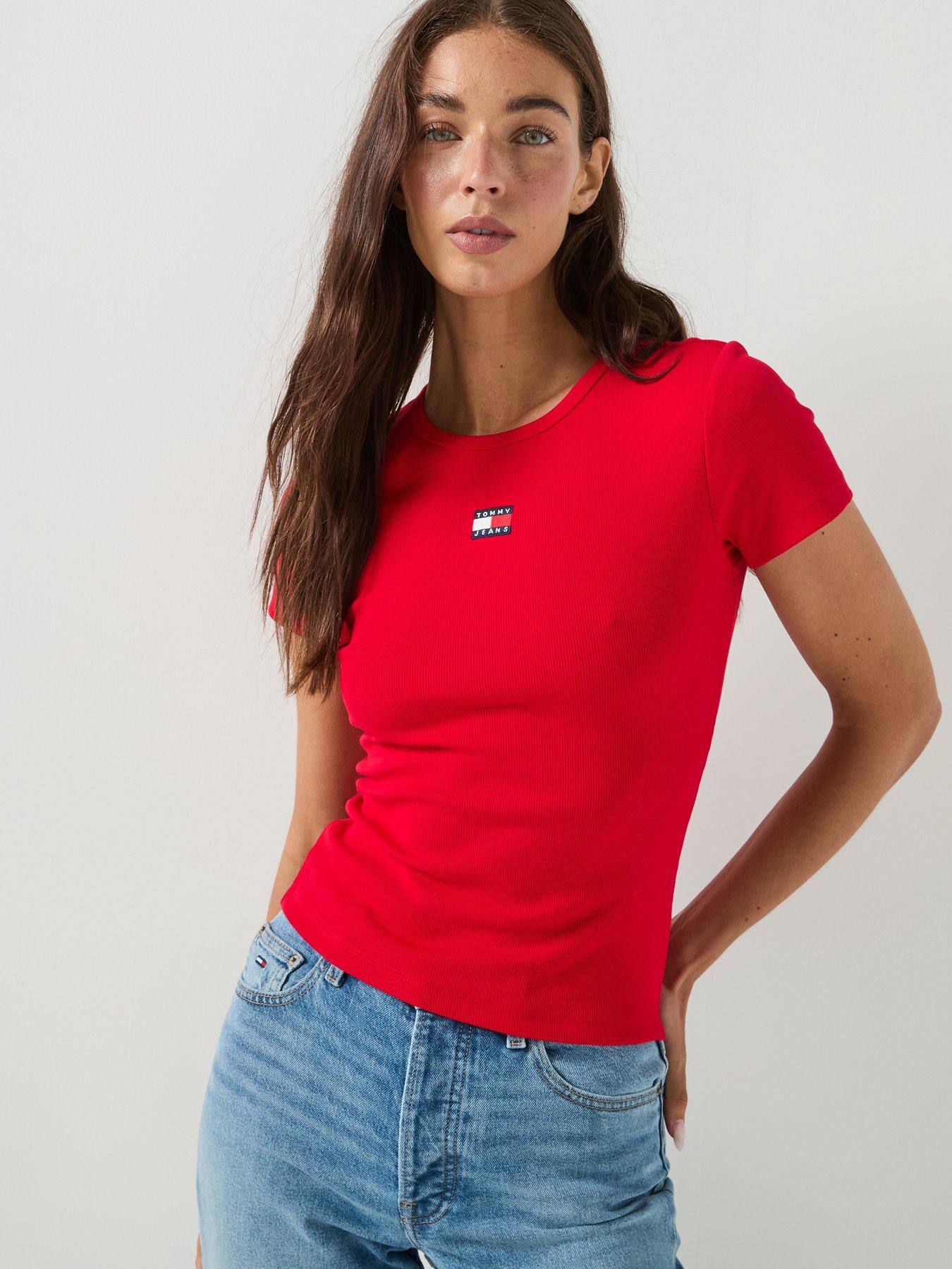 Image 1 of 5 of Tommy Jeans Women's Ribbed Badge T-Shirt - Red