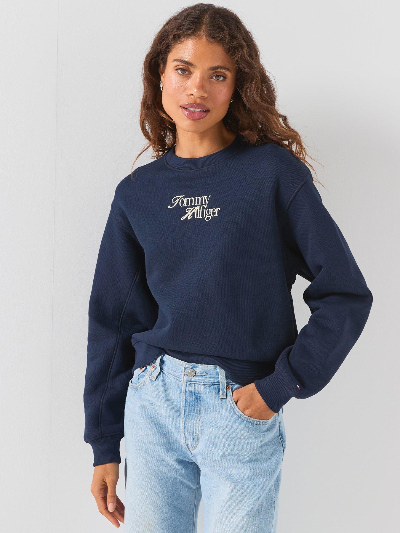 Image 1 of 6 of Tommy Hilfiger Women's Regular Fit Script Logo Crew Neck Sweatshirt - Navy