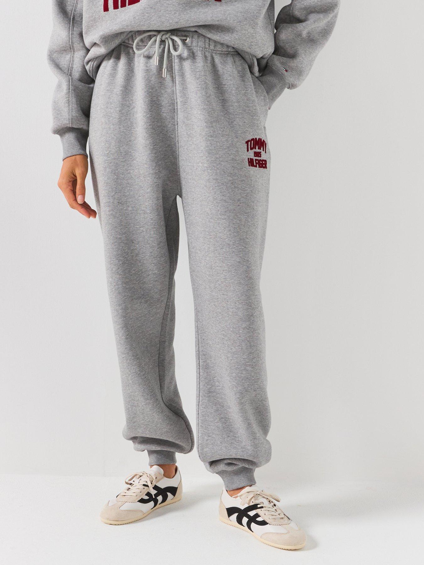 Image 1 of 6 of Tommy Hilfiger Flock Varsity Logo Cuffed Joggers - Grey