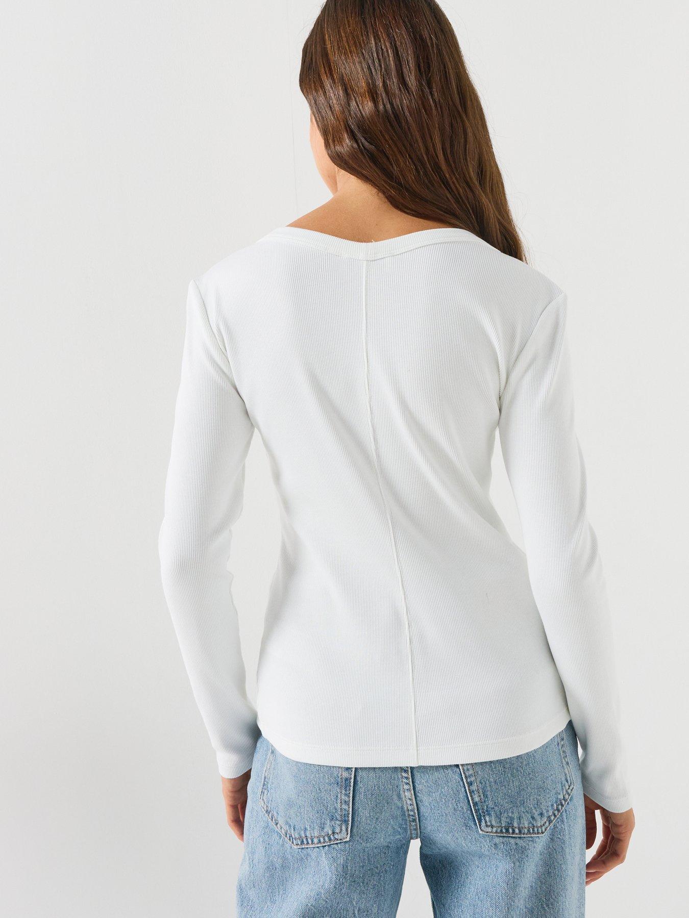 Image 2 of 5 of Calvin Klein Jeans Women's Ribbed Button Front Long Sleeve Top - White