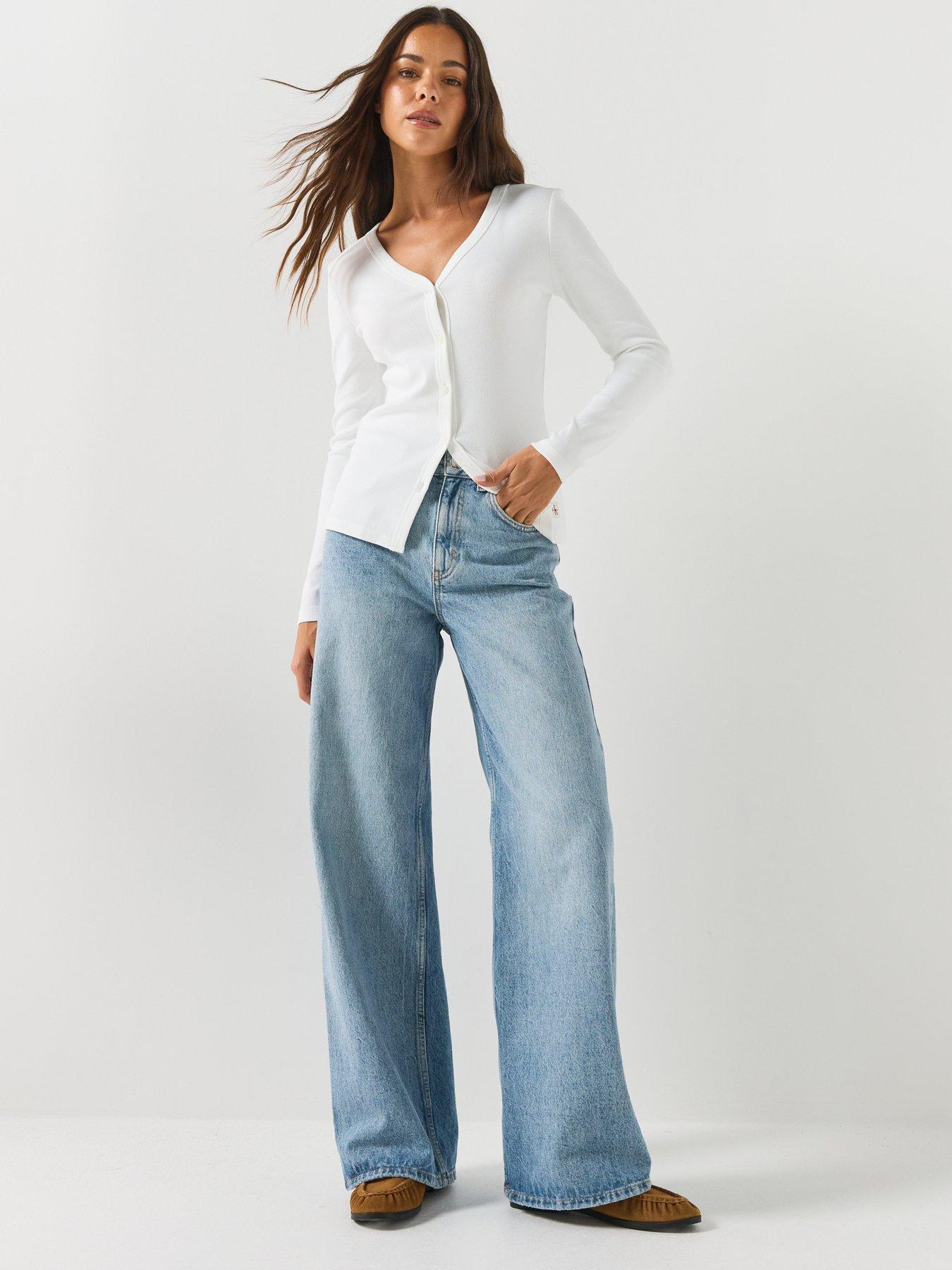 Image 3 of 5 of Calvin Klein Jeans Women's Ribbed Button Front Long Sleeve Top - White