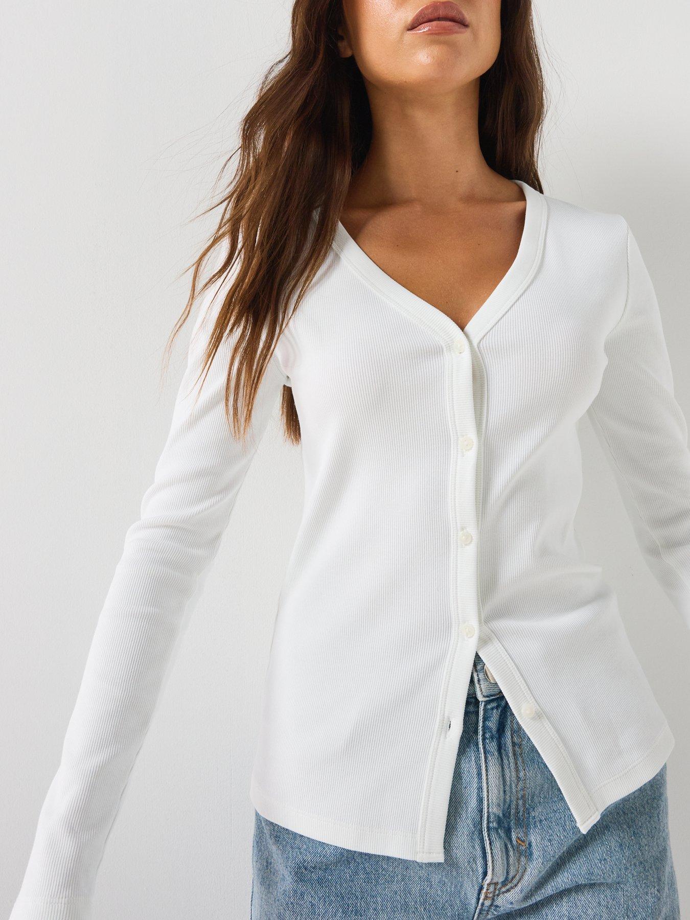 Image 4 of 5 of Calvin Klein Jeans Women's Ribbed Button Front Long Sleeve Top - White