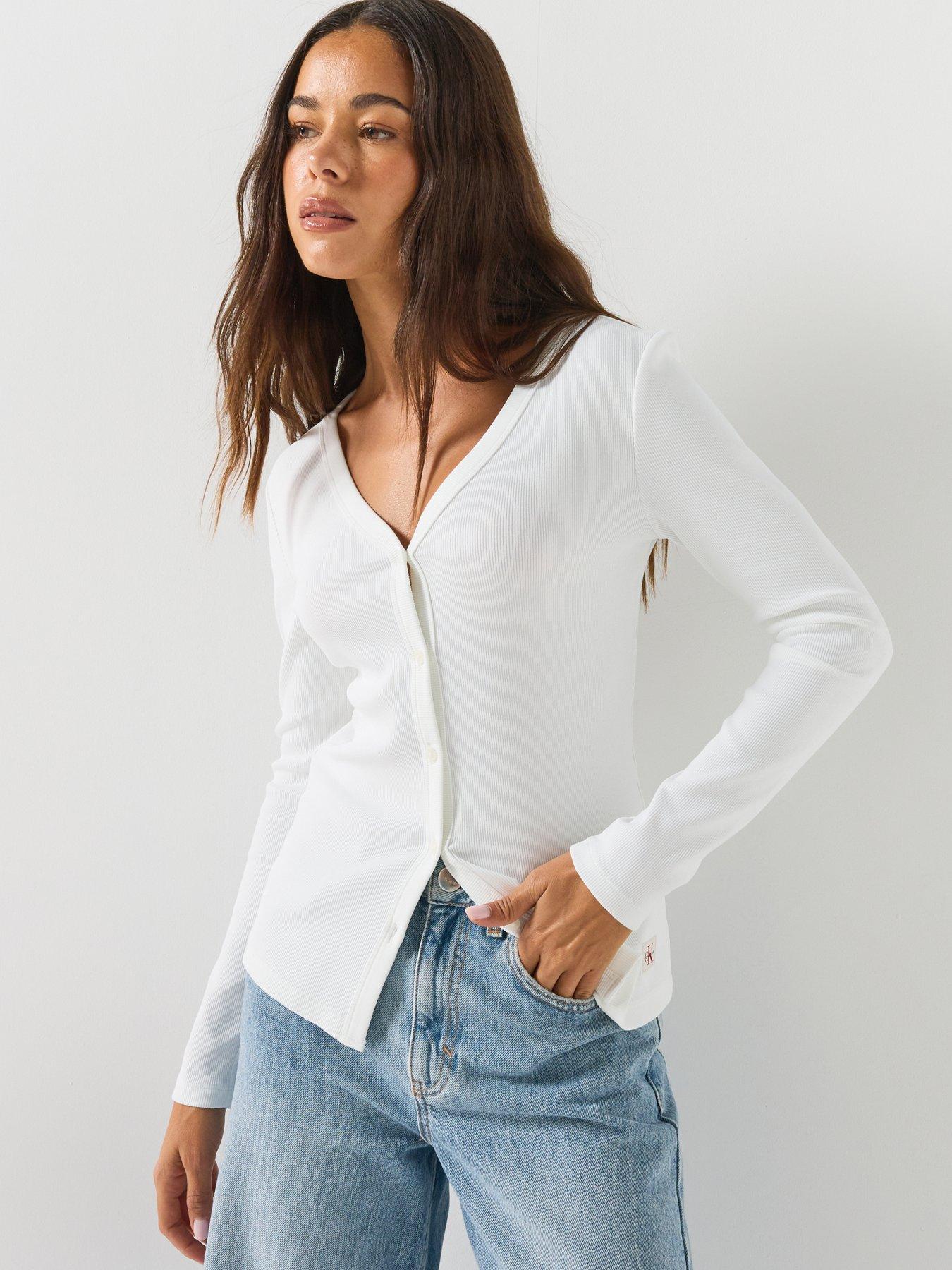 Image 5 of 5 of Calvin Klein Jeans Women's Ribbed Button Front Long Sleeve Top - White