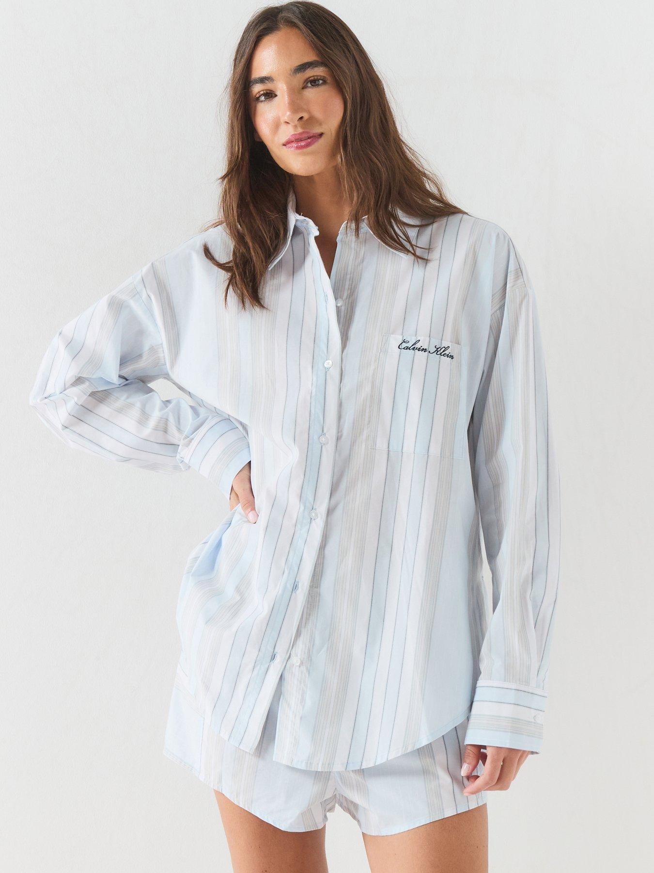 Image 1 of 6 of Calvin Klein Script Logo Stripe Long Sleeve Button Shirt - Blue