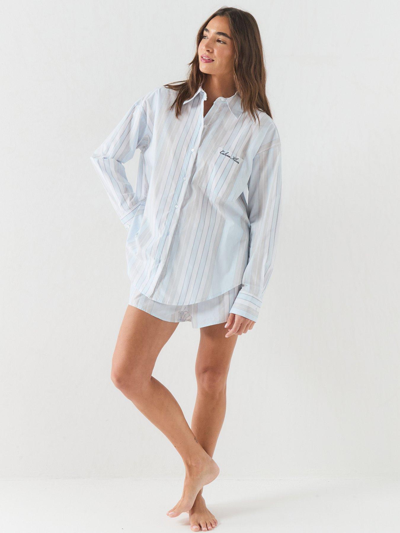 Image 3 of 6 of Calvin Klein Script Logo Stripe Long Sleeve Button Shirt - Blue