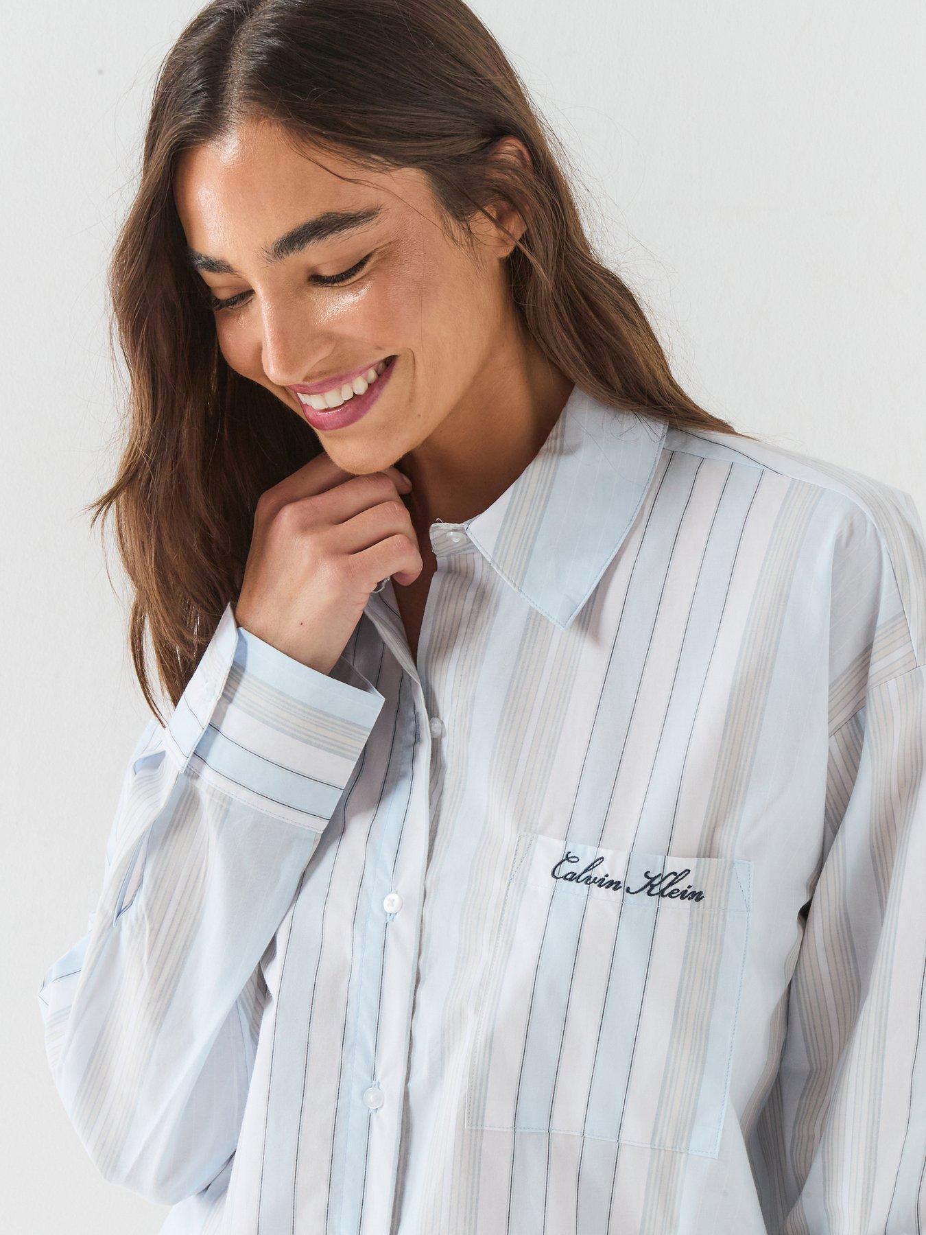 Image 4 of 6 of Calvin Klein Script Logo Stripe Long Sleeve Button Shirt - Blue