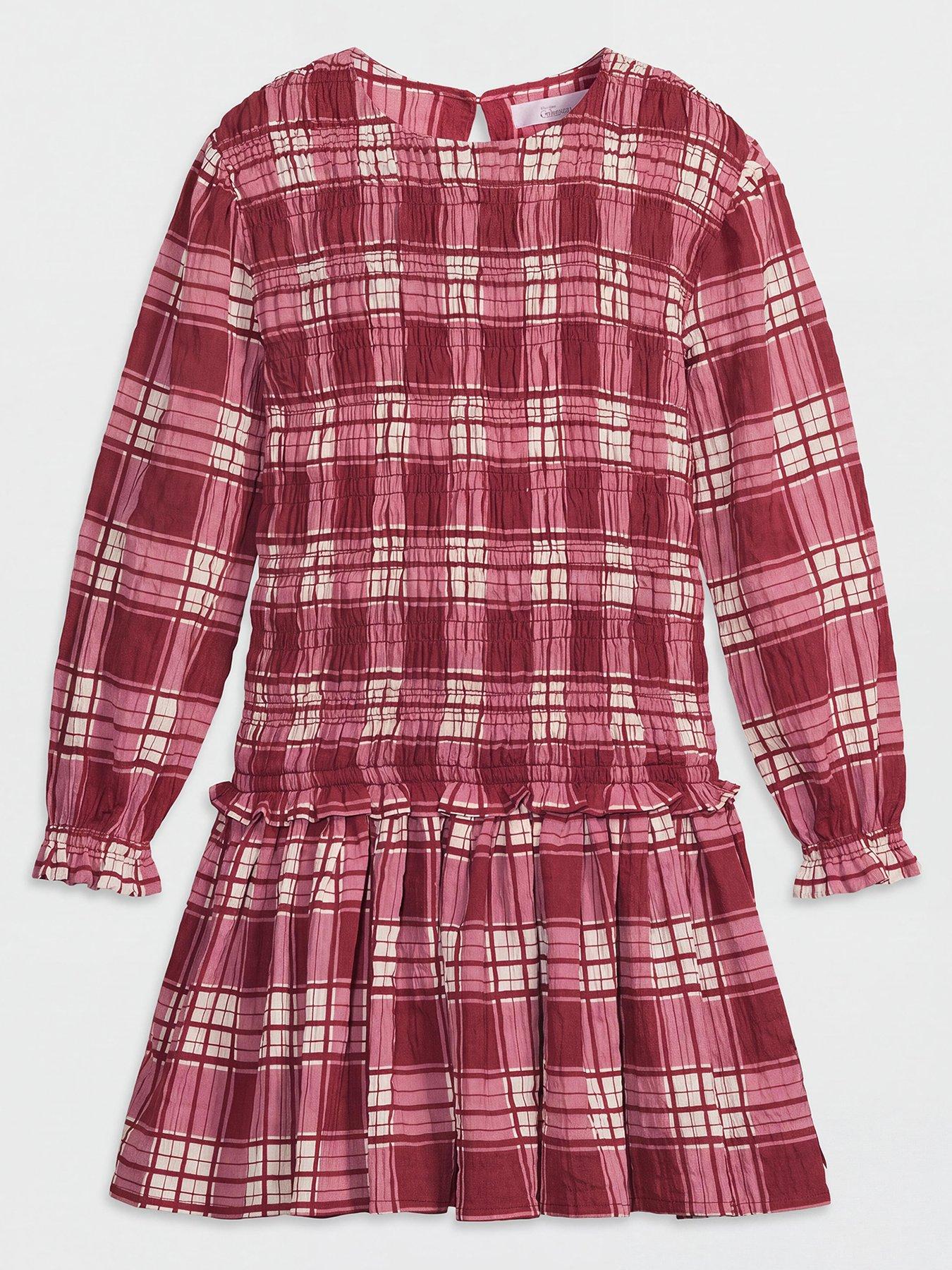 Image 1 of 3 of The Very Collection Girls Long Sleeve Check Shirred Dress - Red